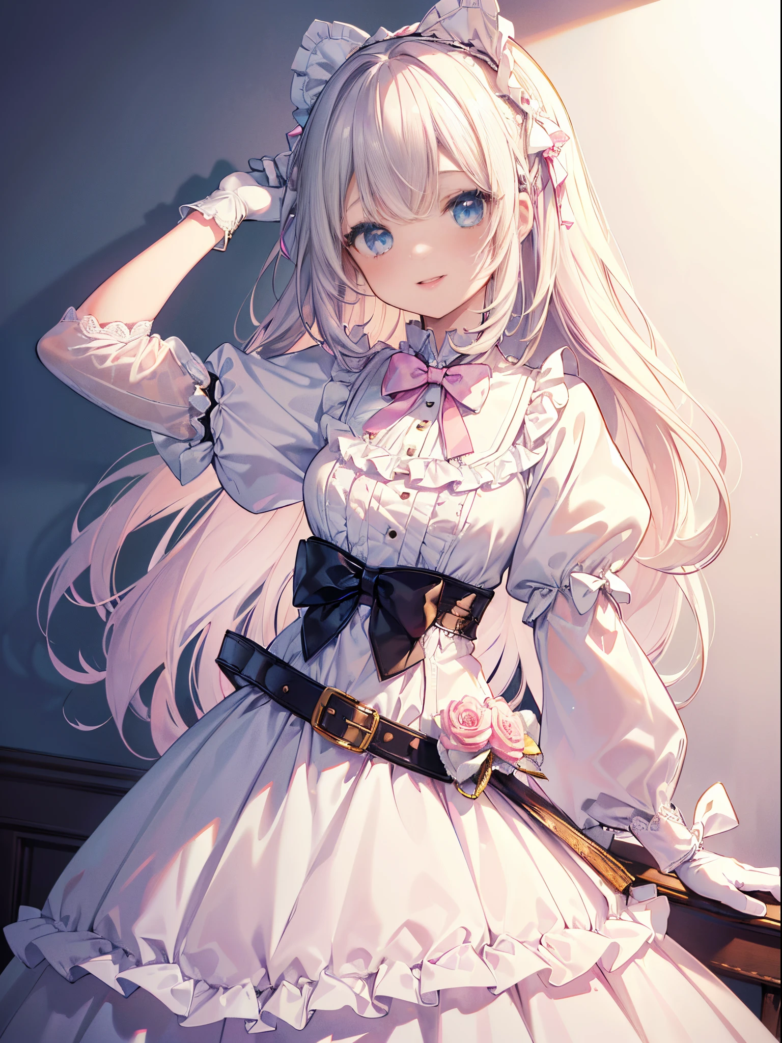 (masterpiece:1.2), best quality, highres, original, (extremely detailed:1.2), ultra-detailed, wallpaper, perfect lighting,(extremely detailed CG:1.2), 8k, anime illustration, HD, 1 girl, solo, (blue eyes, white long hair, straight hair, bow hair accessories, smile, open the mouth: 1.12), (analytically correct, fluffy white blouse, ta blouse, Loliashion, bow tie, belt, white long gloves, high waisted skirt, Lolita s mamianqun: 1.24), (pink wall, back to wall: 1.08), standing, close up, simple background, sunny