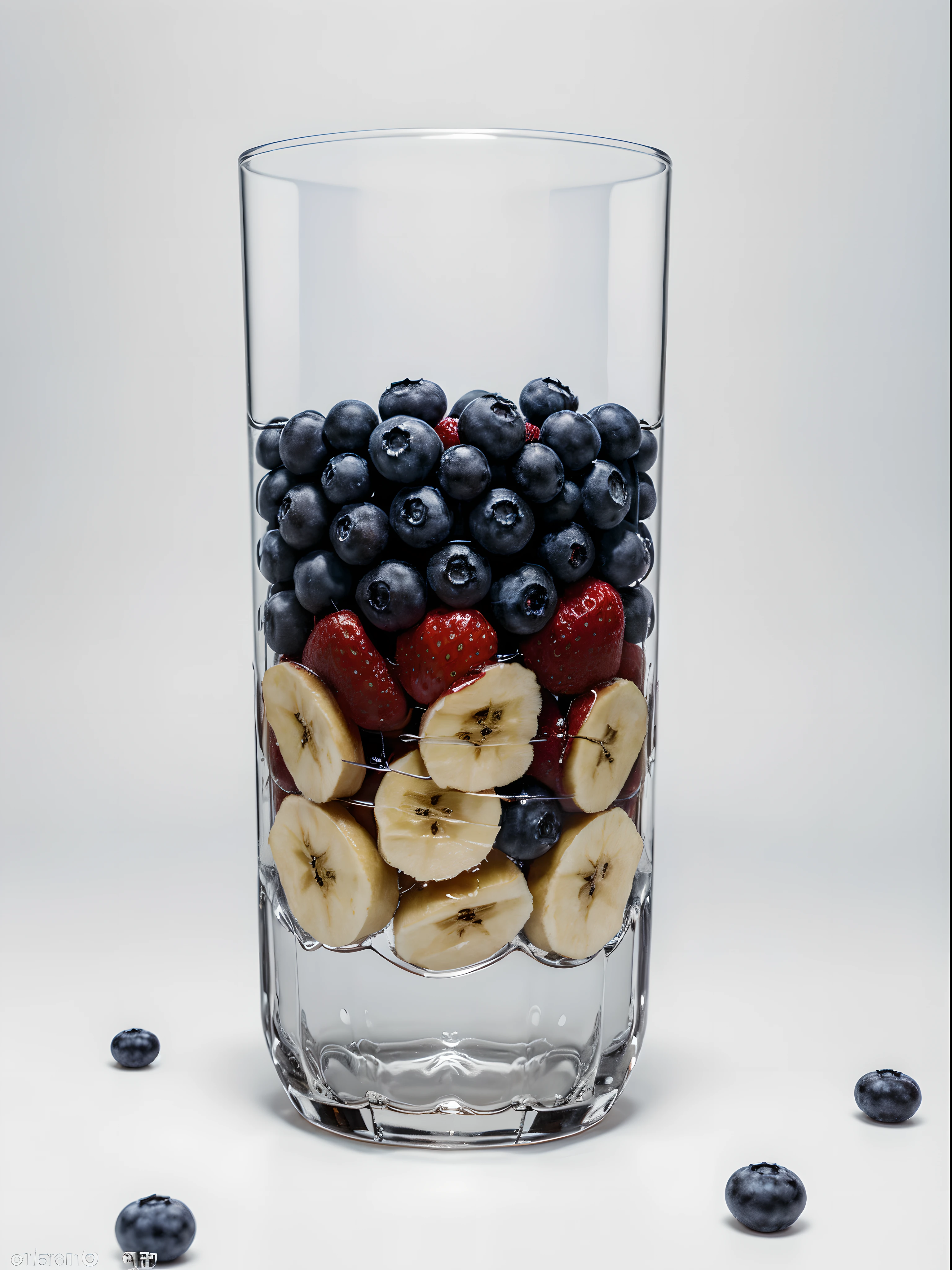 （Best quality，8K，Masterpiece：1.3），NOhumans，Clear glass，There are a lot of strawberries in it、Blueberries and Banana Chips, blend,, detalhe poderoso, intense detail, on the white background, Clear detail, professional,