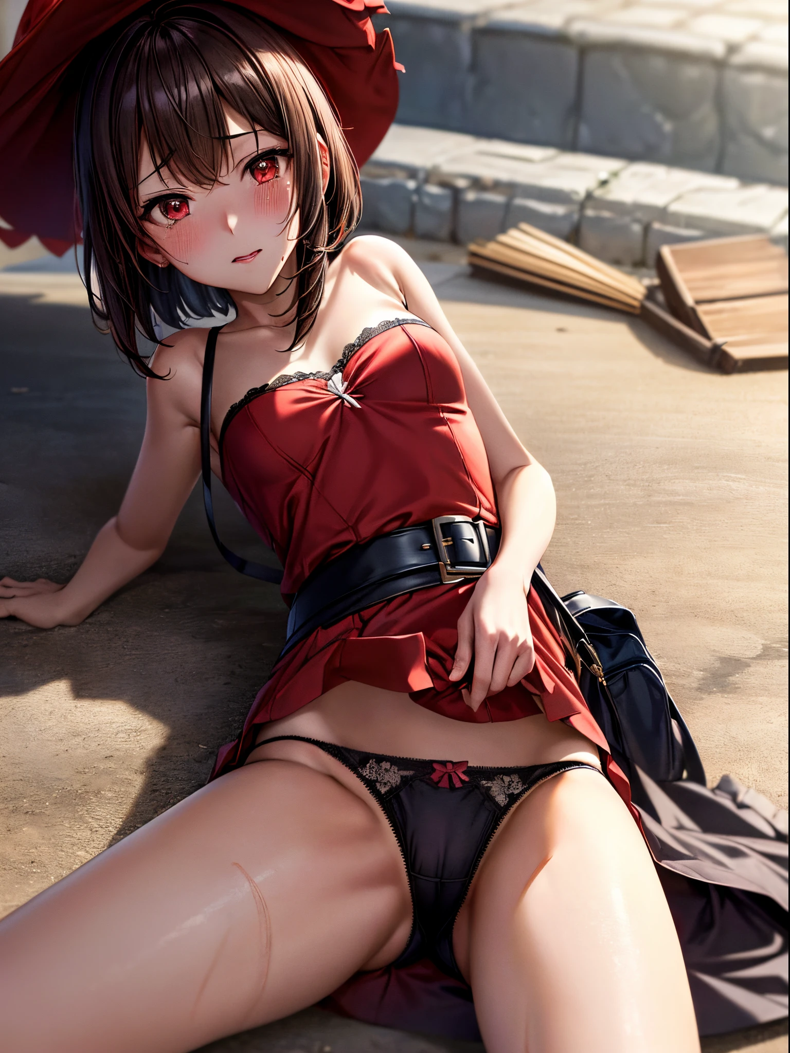 (masutepiece, Best Quality、超A high resolution、Photorealsitic:1.2、Isekai Fantasy),Ecchi anime style,Perfect focus,Perfect body、(beauitful face:1.4)、独奏、 1人の女性,Megumin, Short hair, Dress, Red dress, hat, Witch Hat, Belt bag,on the park,((Lying on your back:1.3)),(Spread legs:1.3) ,(Black Ultra Micro Panties,Panties that dig deep into the female genitals,very thin and narrow wet panties),(:1.4),Looking at Viewer, Cute, tiny chest,small tits, red eyes, Dark hair,Beautiful detailed eyes, Detailed skin,Detailed clothing,Detailed panties,Detailed female genitalia,embarrassed:0.5, is crying:0.5,(Low position shooting: 1.5),(Panties close-up:1.42),full of sweat、(Ceiling from below:1.2)