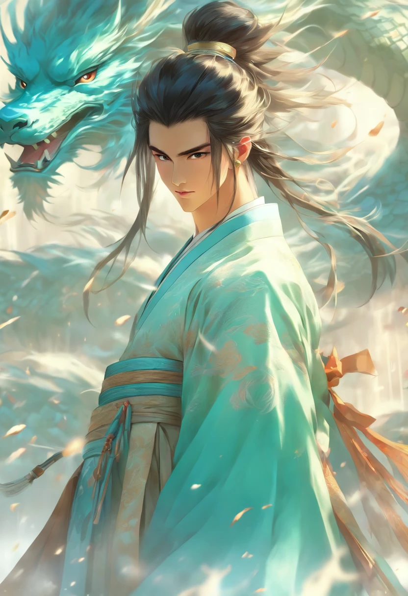 (tmasterpiece), (Best quality), Cinematic quality，Rendered by Octane，Ultra-detailed details，1 boy，Face of a young man，Facial detail portrayal，Perfect facial features，(The air is filled with cyan wind blades:1.5)，cyan tornado，staredown, watch audience, (Ancient Chinese Hanfu:1.2), (Holding a long sword:1.2), （Behind him，huge blue wind dragon：1.6）