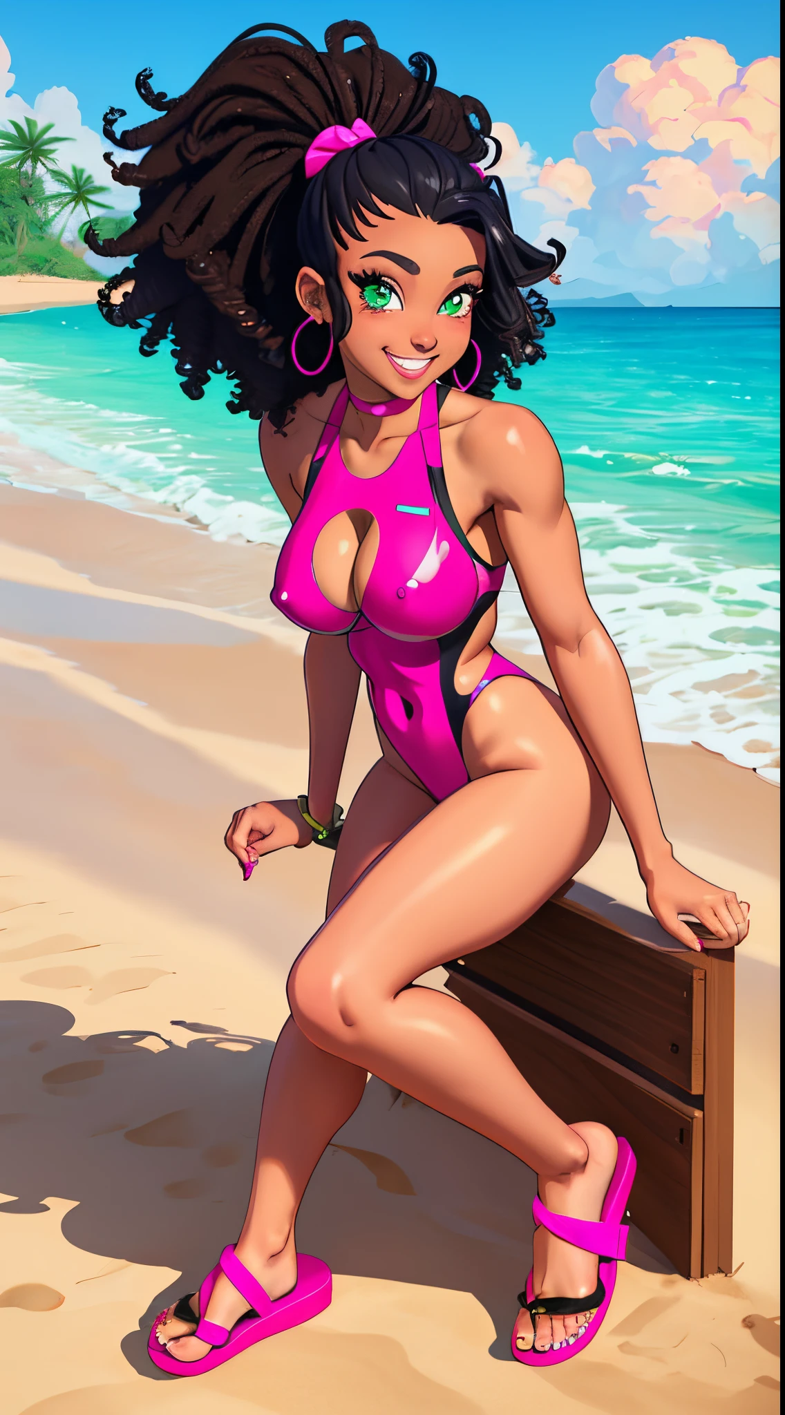 (((adorable oppai ebony slluty girl nsfw cute )), Tangy colors, summer ((nsfw))- black curly hair in ponytail, island style, vintage  actress, cute smile, one purple eye and one green eye, neon, 'my first "series, earrings, (photorealistic-style, bold line work:1.2), vibrant colors custom set kawaii set, ebony kawaii slluty, big big big tits, cel shading - extravagant quality - beach bitch bg - pink open thick\leotard and fluffy flip flops, cute moe anime character custom attire, wide angle full body portrait, 🥵 sexy, seductive stunning body muscular girl afro American, adorable , featured on pixiv, kawaii moé masterpiece teme , cuteness overload, very detailed, sooooo adorable!!!, absolute masterpiece