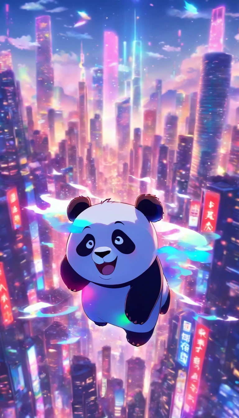 Panda hologram in the sky over a bustling Chinese city。Skyscrapers in the background。