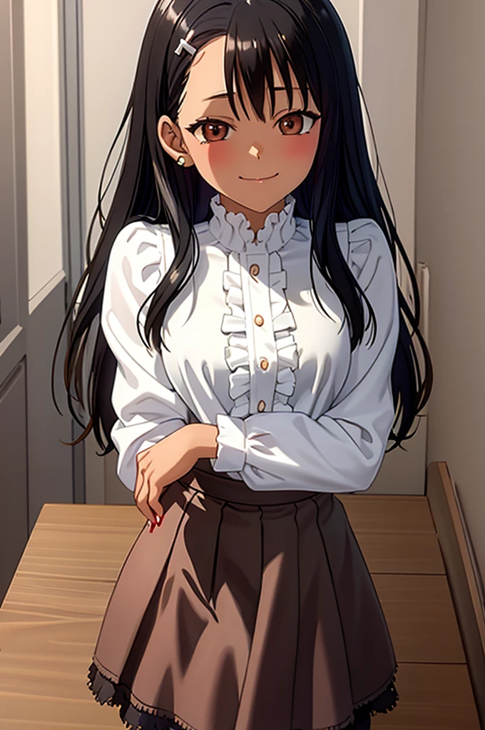 ((Masterpiece, best quality)),edgQuality,smirk,smug, nagatoro hayase, brown eyes, black hair, bangs, long hair, dark skin, hairclip, gradient blonde hair color, piercings, choker, edgCT, a woman in a blouse, and a skirt,wearing edgCT, chic top, ribbon, (corset)