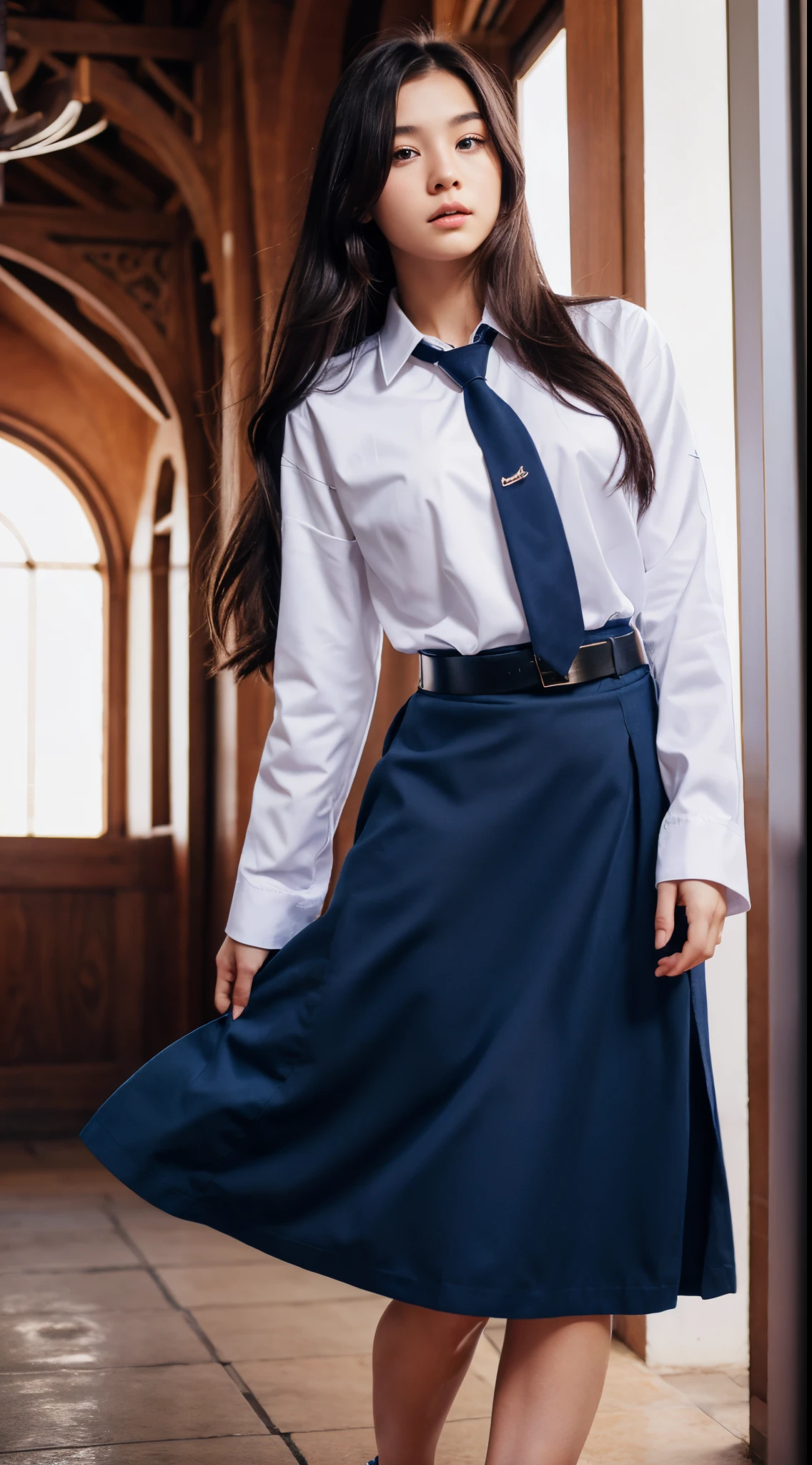 girl, long hair, convent, white shirt, long sleeves, loose necktie, navy blue long skirt, black belt,