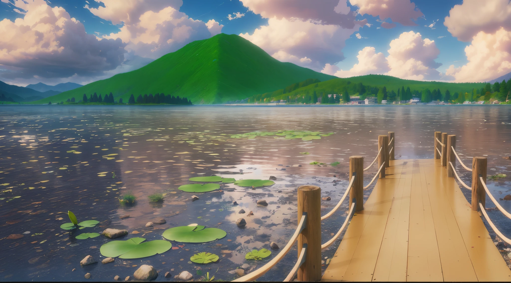 a beautiful lake view with mountains and trees, dense trees on the edge of the mountain, wooden bridge, clear lake water, 6 lily pads, blue sky with billowing clouds, longshot, anime, anime style, makoto shinkai style, anime style rendering, 4k, 4k detailed,