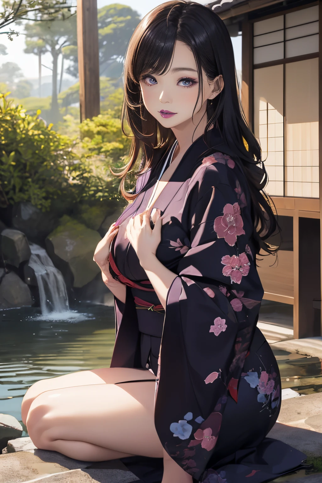 ((Japanese-style architecture on the banks of a dark waterfall)),((Japanese-style building with a terrifying atmosphere)), ((Next to a beautiful waterfall basin)), ((Sharp bewitching eyes))、((A sexy))、((See-through kimono:1))、pale skin、(((1 girl in:1))), ((pale skin))、Melancholy beautiful face、Beautiful expression、Sexy face、Nipple bumps, (((Lower breast)))、(((Beautiful breasts ))), Beautiful 、long boots、Super fine face、Delicat eyes、(Double eyelids)、 (((1 Japan Woman)))、 Beautie, 20yr old, Wavy Hair、barechested、Underhair、Realism、wetting hair、(Japanese style kimono), ((Black kimono)), Open Wareme, Beautiful , Beautiful hands,not any dressed, I'm not wearing underwear, Opening legs、squatt、(((erectile nipple)))、long teat、Squat,Spread your legs apart,(M-shaped legs),I wasn't wearing panties,Expose the lower body, (dark purple lipstick)