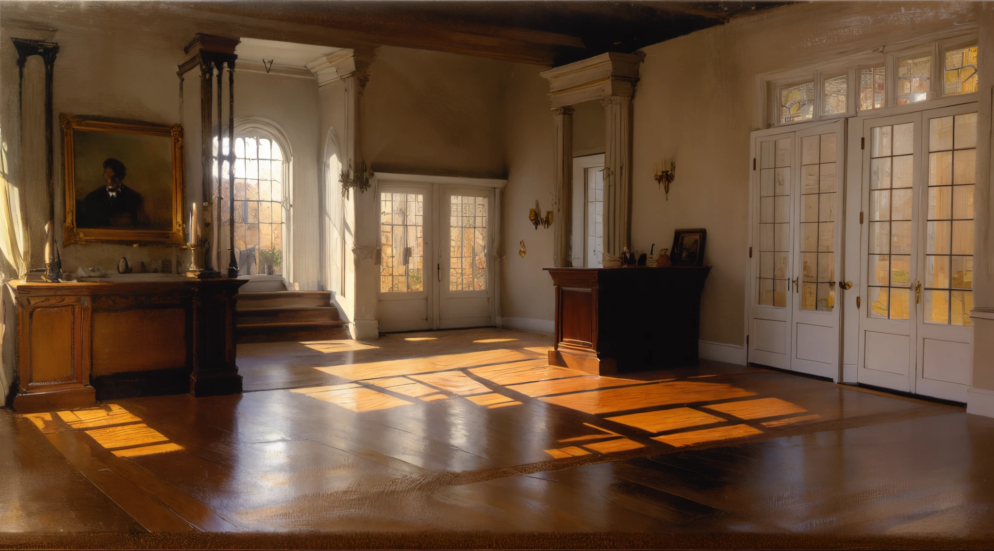 there is a drawing of a man standing in a room, volumetric shadows and lighting, volumetric lighting and shadows, an ambient occlusion render, detailed with shadows, lights and shadows, light and shadow, lighting & shadows, noon lighting, victorian home, wood floors, screen door, oil painting, classical painting, symmetry, white walls, drapery, magic items, gothic windows