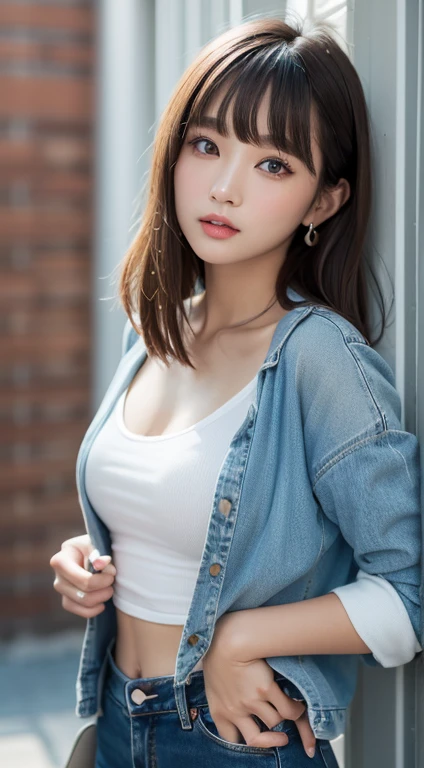 ((Realistic lighting、top-quality、8K、masterpiece:1.3))、Clear focus:1.2、girl with、perfectbodybeauty:1.4、Slim abs:1.1、((dark brown hair、Big:1.3))、(Acceleration:1.4)、Street、tall、Slender face、Narrow-eyes、二重まぶた、Swaying hair、Exposed cleavage、Worn jacket、Super Miniskirt、a necklace、Navel Ejection、Expression of melancholy、