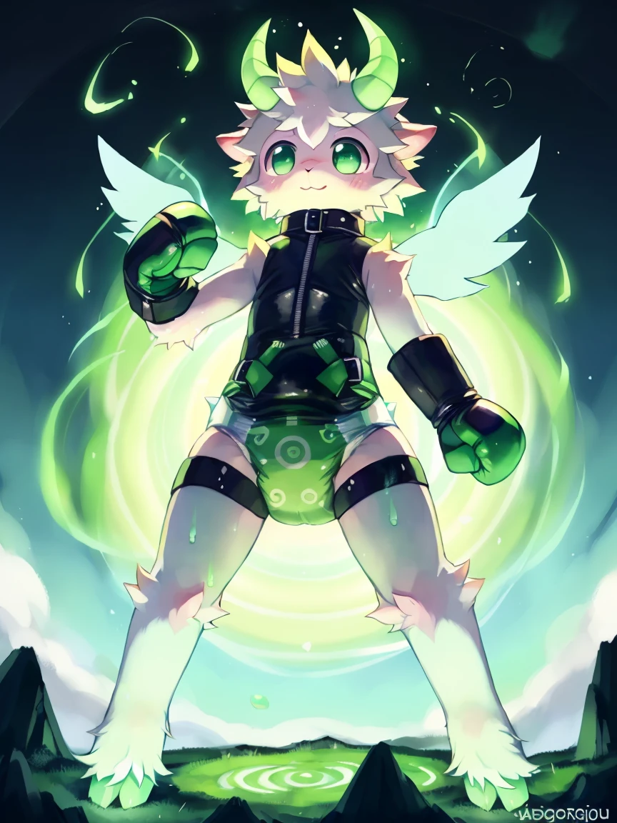 yellow eyes, green hair, short hair, tattoo, forehead tattoo, necklace, 1boy, solo focus, male focus, black within green hair, xiao \(genshin impact\) as a Digimon, digimon \(creature\),((Green and White skin)) ,((Bird like)) ,(( Demon like)),((green, white, Black and Purple color scheme)), ((high quality )) ,((Masterpiece)), ((Harpy))