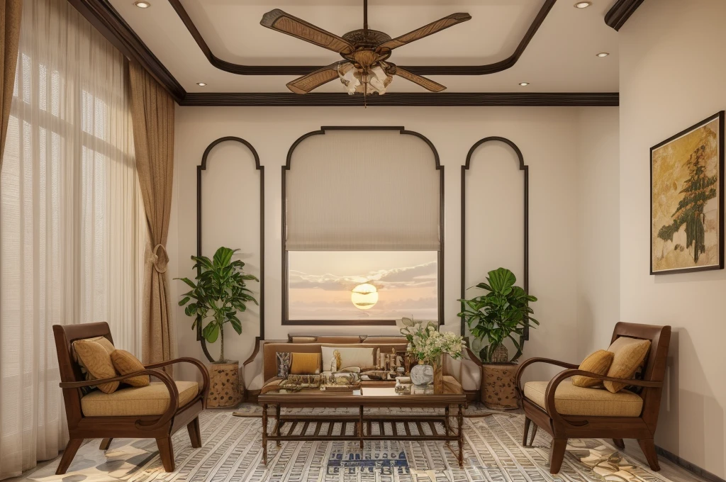 Raw photo, Masterpiece, high quality, best quality, authentic, super detail, interior, indoors, indochine livingroom with couch,rug, coffe table, dark tile floor, (sunset:1.1), vivid color, vray,