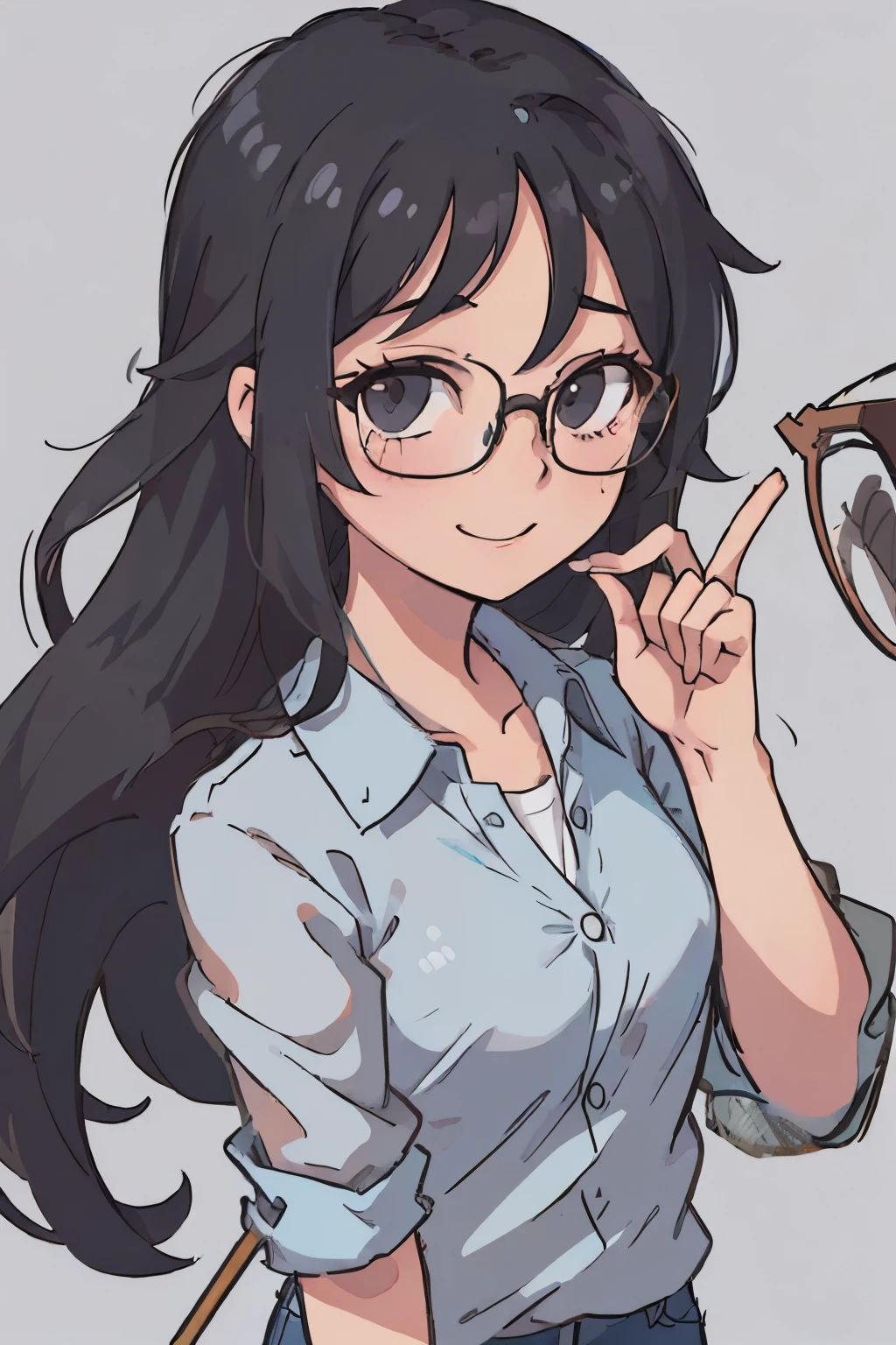 (best quality:0.8) perfect anime illustration, a pretty, happy woman with long black hair, a close up of a woman wearing glasses and a denim shirt, with glasses, student, with glasses on, with accurate face, glasses, dang my linh, with sunglass, girl with glasses, spectacled, 2 2 years old, girl wearing round glasses, 18 years old, handsome girl, without glasses, !!wearing modern glasses!!, 21 years old, smiling, no bangs, slightly removing eyeglass