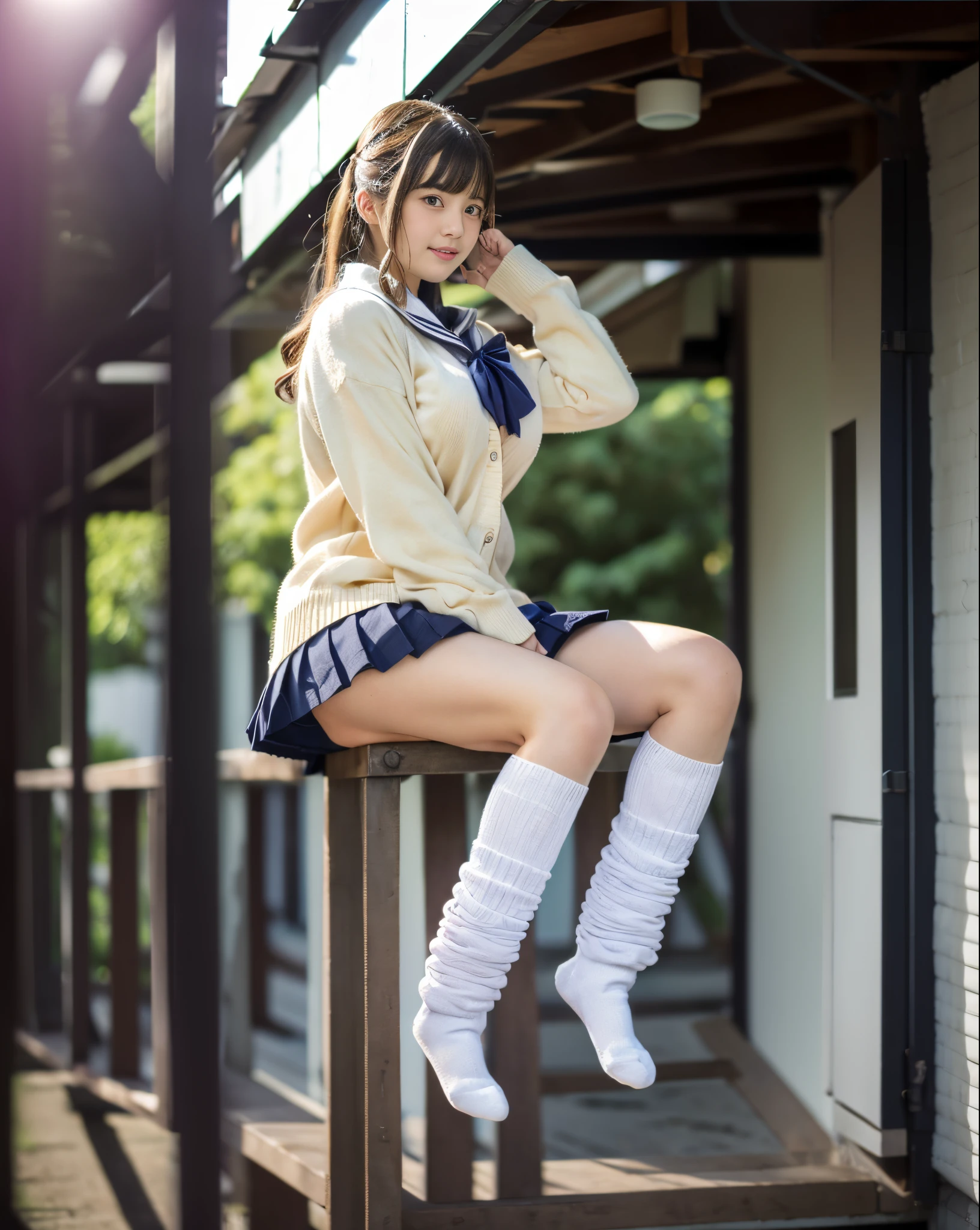 (Best Quality,  8K,  32K,  masutepiece,  nffsw,  :1.2),  japanaese girl,  teenager,  1girl in,  Ultra-detailed face,  Tightness in the chest,  Detailed eyes,  very detailed lips,  dark brown hair,  Figure,  Natural lighting,  (Whit Loose Socks:1.3),  Smiling, (Big Breast:1.2), Standing, Hands on hips, Full body, School uniform, Sailor Uniform, School Girl, tall stature, Mini skirt, Off-white cardigan, lowfers