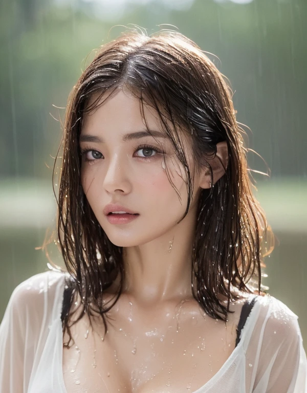 Photorealistic, high resolution, 1woman, Solo, view the viewer, (Detailed face), Naked with white shirt, Rain, beautiful face