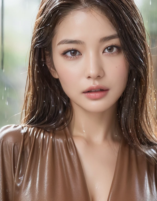 (bestquality、8k、A masterpie:1.3)、beautiful a woman、1 female、(s chest、Attractive body:1.2)、abdominal muscles:1.1、Dark Brown Hair:1.1、(rainy wet、Wet in the rain、Wet body:1.2)、ultrahigh-Detailed face、detailed lips、detailed eye、Double eyelidd