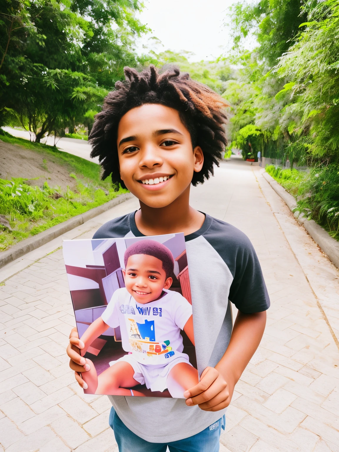 smiling boy holding a photo of his brother in the park, Directed by: Lily Delissa Joseph, he is holding a large book, Directed by: David Ruby, mid portrait, vencedor do concurso 2021, Foto 8k, Foto 8K, Riyahd Cassiem, Directed by: Samuel Silva, Humanos de Nova York, Foto em estilo de Tyler Mitchell, Retrato grande, next gen