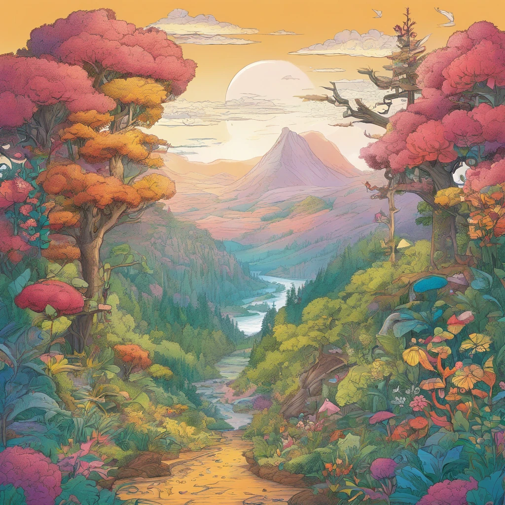 Magical forest with extremely sharp and rich details「search and search」Create a style illustration. Make sure your scene is filled with intricate details, Vibrant colors, Realistic texture. Contains 20 different mystical creatures, [number] magic object, 50 surprising elements that stand out. for a fascinating experience、Emphasizes high levels of detail and visual richness.