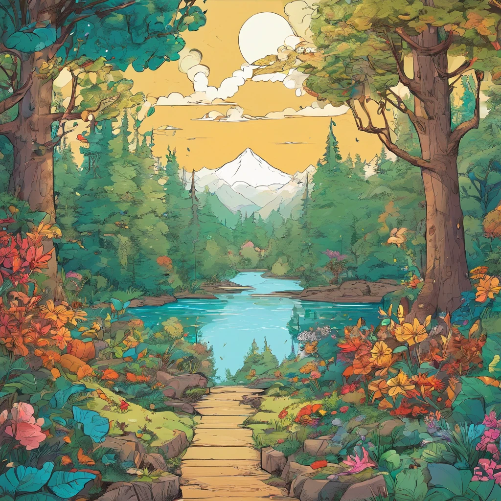 Magical forest with extremely sharp and rich details「search and search」Create a style illustration. Make sure your scene is filled with intricate details, Vibrant colors, Realistic texture. Contains 20 different mystical creatures, [number] magic object, 50 surprising elements that stand out. for a fascinating experience、Emphasizes high levels of detail and visual richness.