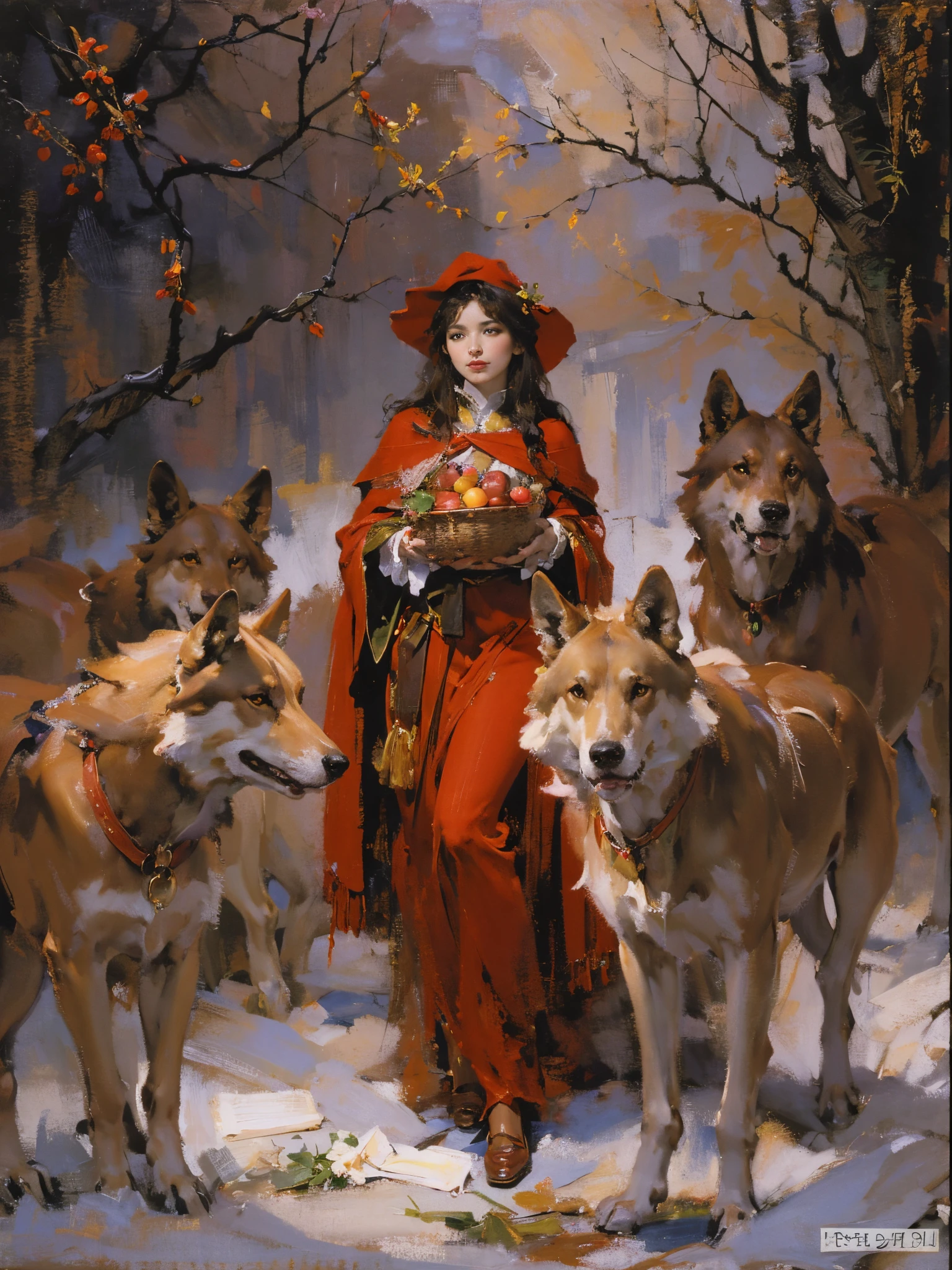 Depicting the girl in red meeting the wolves，Quiet and harmonious atmosphere，Dramatic composition，Warm color palette，Correct anatomy，详细的脸, 詳細な目，（Girls wear：red shawl，Red Hat，laced dress，Red Hat, cloaks, big bust bra, a skirt, Red dress，Carrying a basket of fruit），Background with：allure，natural  lightting, Candy   House，a fairy world，Close-up cleavage，Charming and sexy legs，((Sexual suggestiveness)),Attractions,(post impressionist),,(Fechin Oil Painting - Fechin Oil Painting , oil painted), Correct anatomy，0