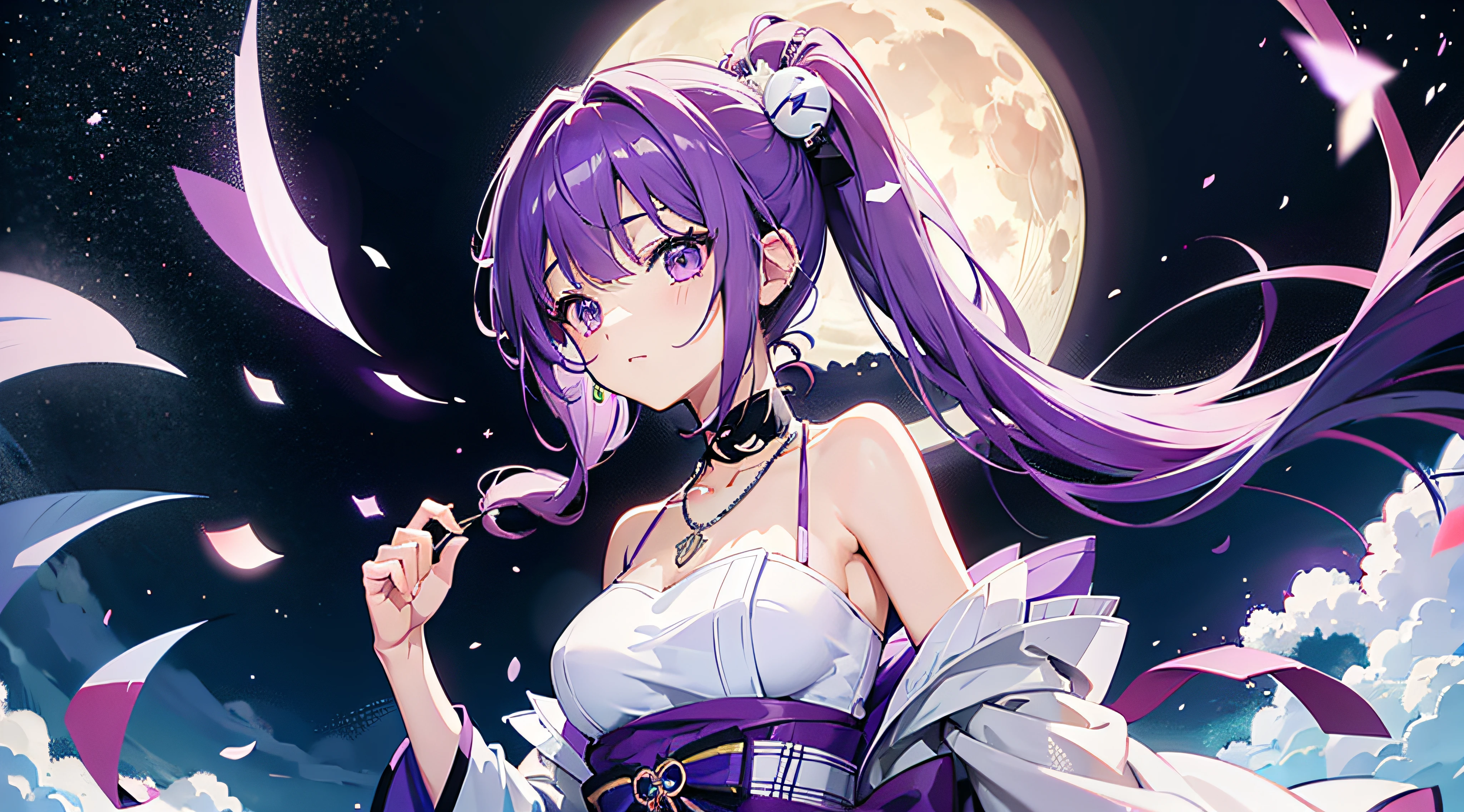 1 girl、Mature、Ample breasts、Long Hair、Purple Hair、ponytail、ハイponytail、Ballerina Costume、Black costume、Miniskirt、Purple butterfly、Braided、High resolution、Highest quality、Like a jewel、Starry Sky、Shining Moon、beautiful
