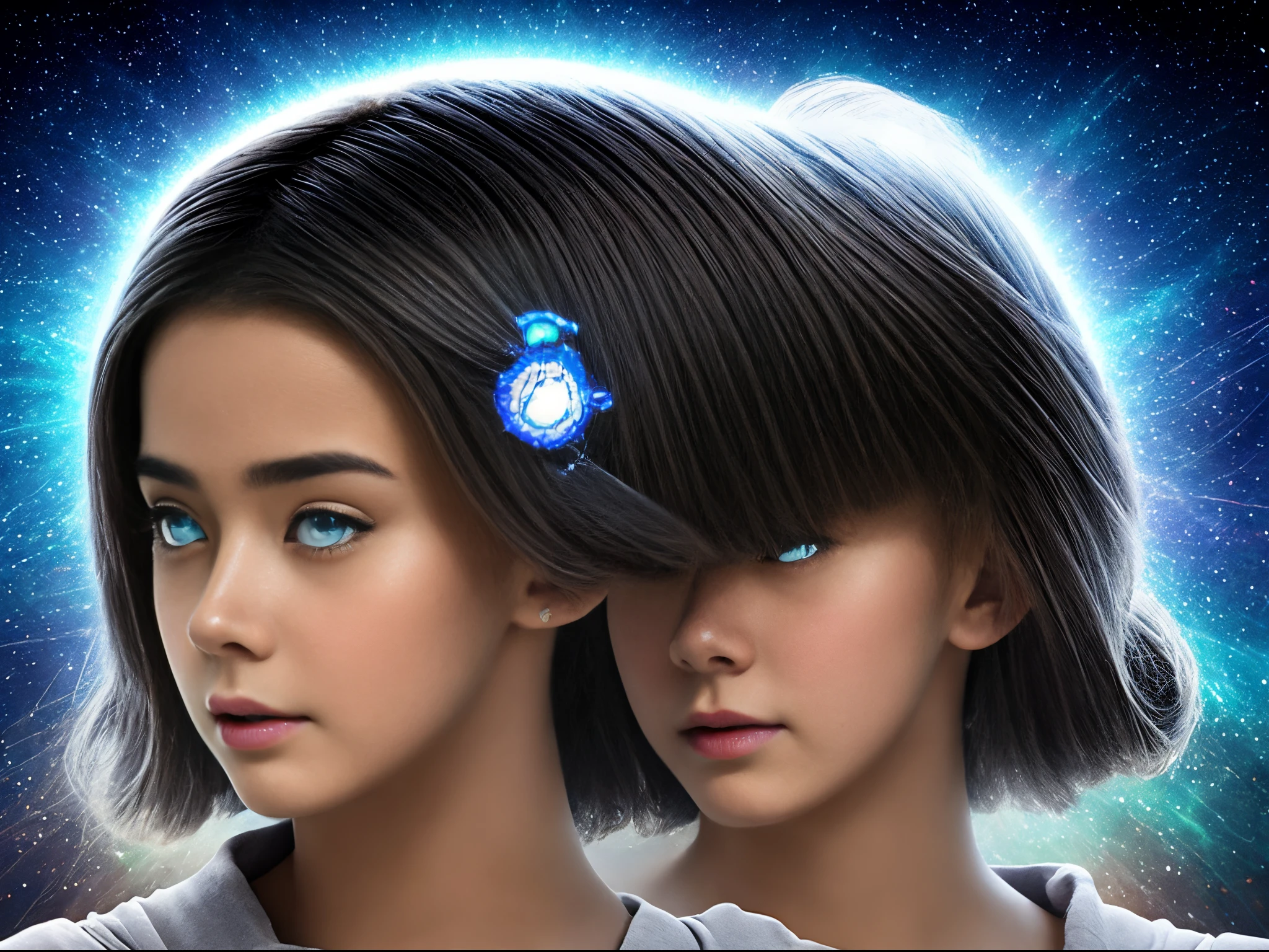 (masterpiece), realistic, beautiful face, cinematic light, bangs, ancient princess and her servant , full body, from above and side, outdoor, ancient ruins, beautiful eyes, silver hair, perfect anatomy, very cute, (blue eyes) , bioluminescence, 8 life size,8k resolution, human hands, elegant, approaching perfection, dynamic, highly detailed, concept art, smooth, facing directly at the viewer positioned so that their body is symmetrical and balanced, stunningly beautiful age girl, detailed hairstyle, fractal art, god ray, endured sadness expression, open mouth and stick out tongue, F-16 fighter jet chased by UFO, rainbow, winter, naked