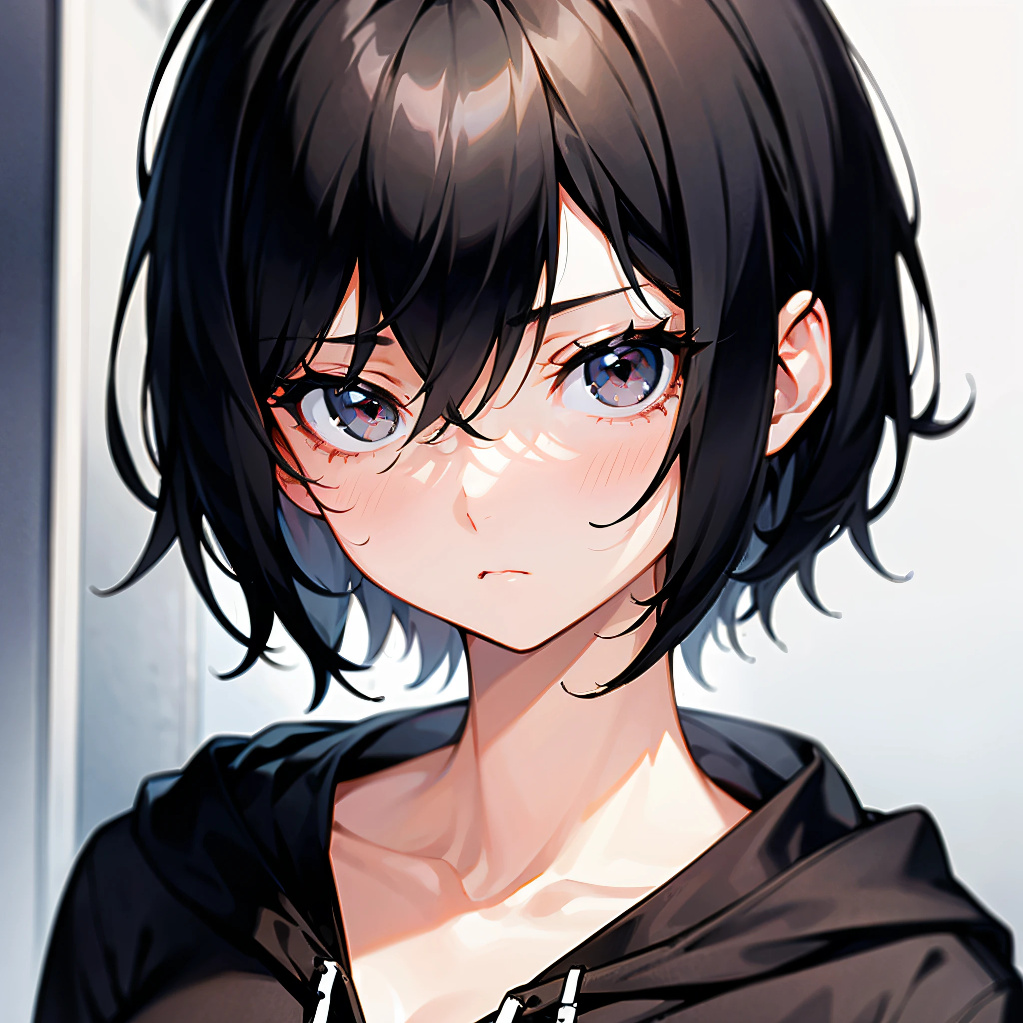 1girl, short messy black hair, black eyes, bags under the eyes, medium breast, black hoodie, sad look, solo, best quality, masterpiece, portrait, simple background, looking at the camera, from the front, 1result, vibrant, detailed, perfect anatomy, detailed art, high definition, 4k, high resolution.
