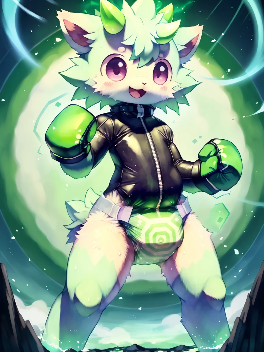 ((by wadorigi on Twitter)(Lamb)), pokemon, kid proportions, cute, adorable  , thin thighs, hooves,  upper limb hooves, light green fur, emerald horns, surrounded by glowing green spiral whirlwind, powerful green spiral wind current on surroundings, wearing soggy messy diaper leotard straitjacket, (leather cube shaped padded  fist mitts), leather wrist cuffs, standing