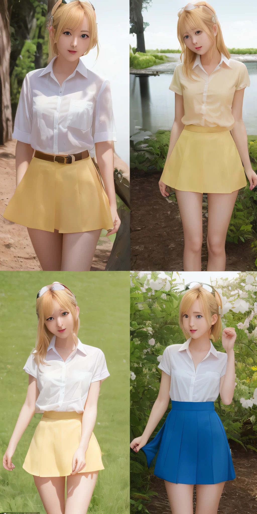 (((professional: step by step, considering even the smallest detail, god level final result))): "perfect body, full body, cowboy shot, beautiful, masterpiece, best quality, realistic photo 1girl 22years old, symmetrical face, serval, blonde hair, cat ears, cat tail, very low waisted miniskirt, highres, kemono friends, large breasts, looking at viewer, orange eyes, tail, thighhighs, w arms, white gloves, 30% white shirt, yellow miniskirt, yellow thighhighs, ((50% nude)) "