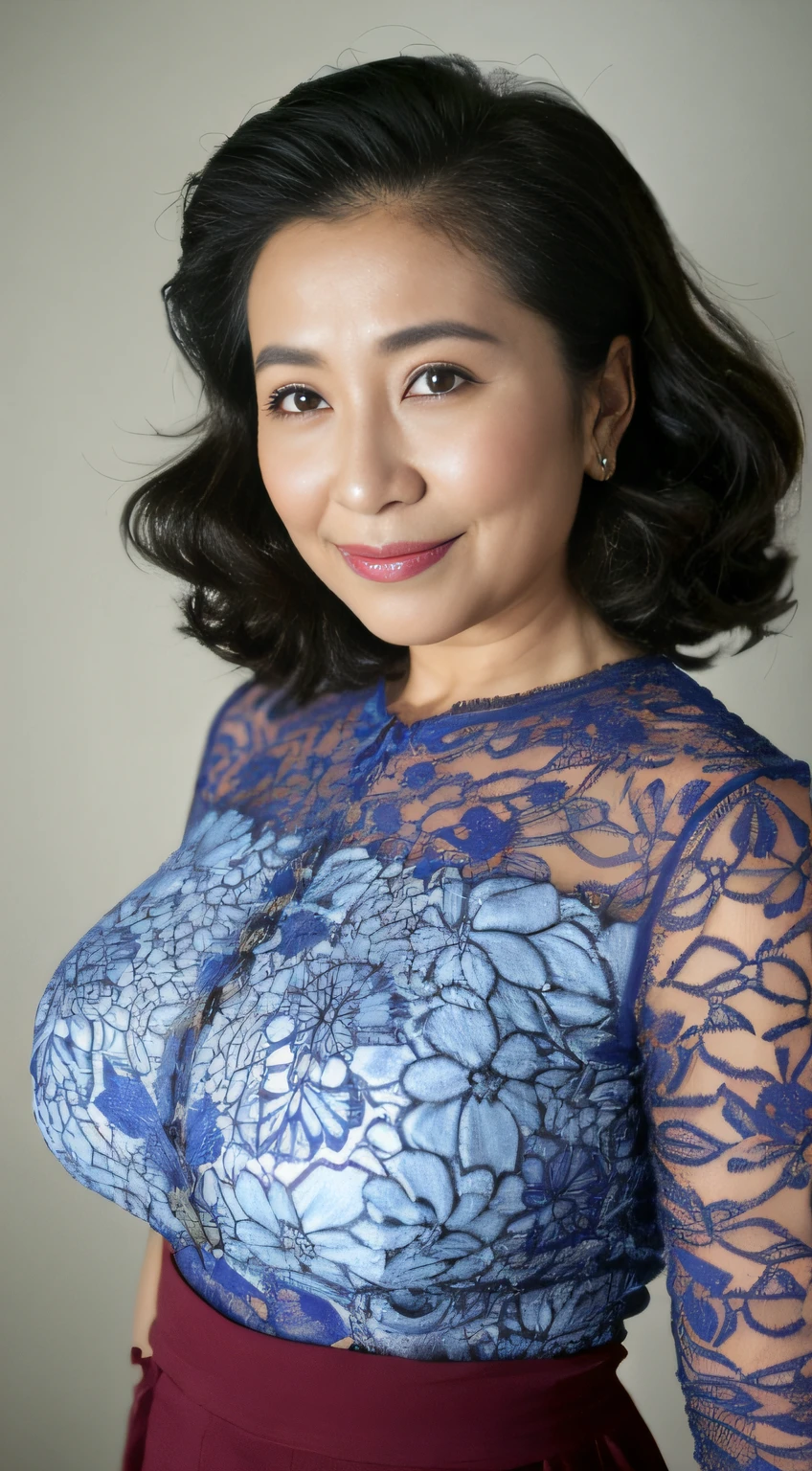 最high quality, In 8K, Masseter muscle area, Lifelike, Sharp focus, high quality, High resolution, Detailed face, Detailed eyes, Thick lips, Background Blur, solo, Middle-aged women, , 55 years old, , Wavy Hair, Cleavage, Wearing a plain short-sleeved knit, Afternoon in front of the park garden, Wrinkles around the eyes, Toothy smile