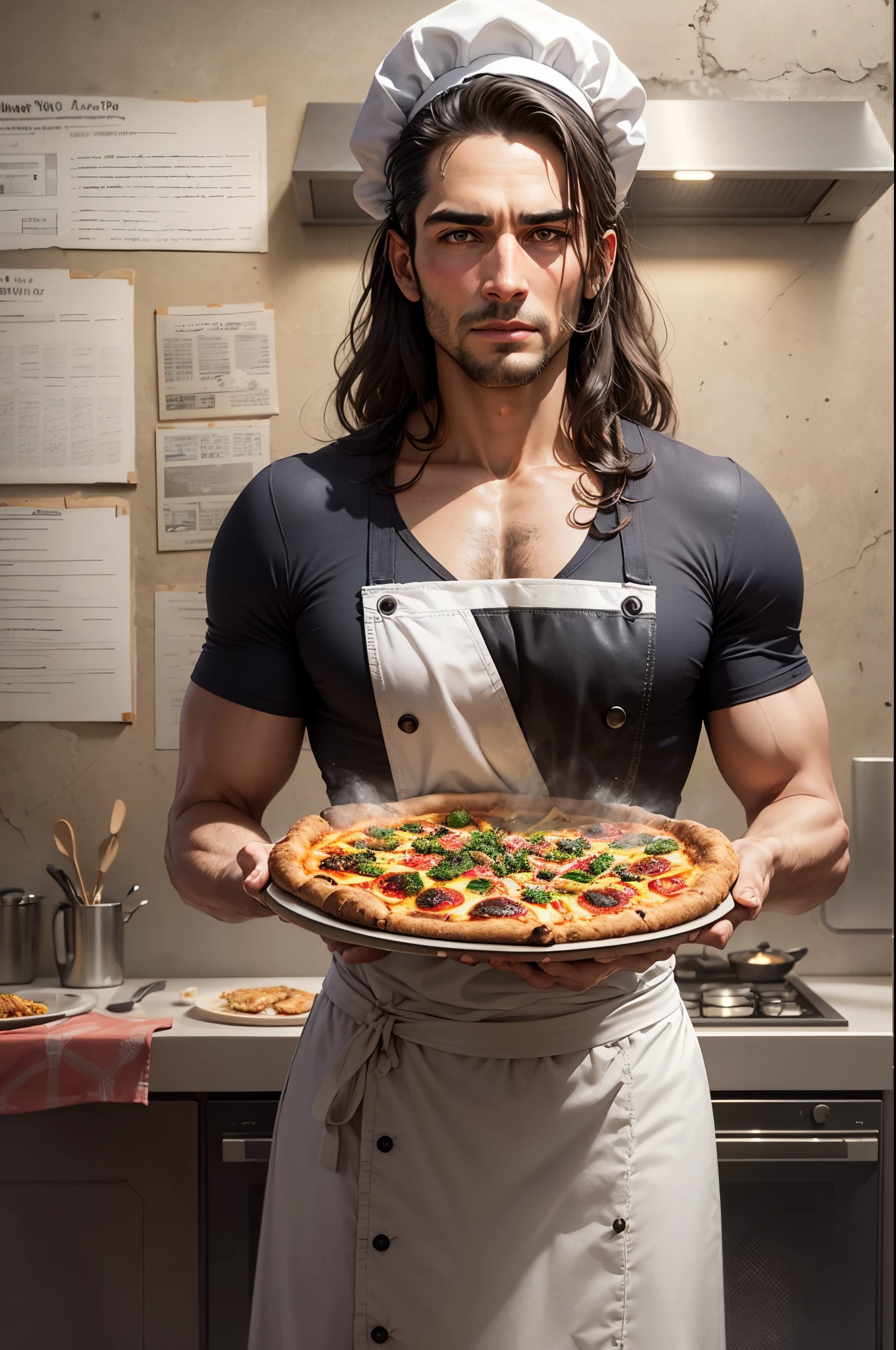 Chef de 32 anos, com um curto, barba lisa, careca, de pele morena, com olhos vivos, dark brown circular irises, wearing a chef's hat, amassar massa de pizza, fundo de uma pizzaria italiana com uma lenha de forno no fundo, Realistic, imagem detalhada, vivid colors, Cores Neutras, 3D rendering, Cinematographic photo --auto --s2