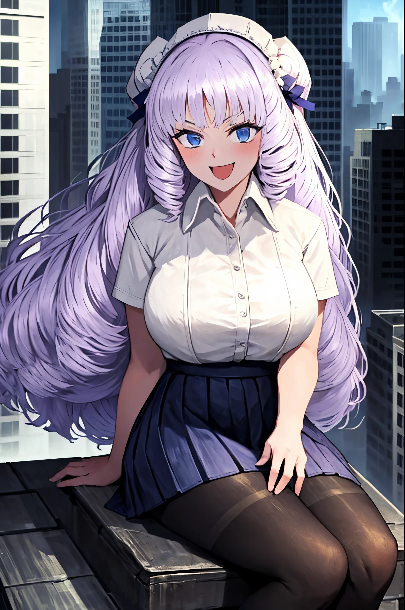 limbus, 1girl, solo, Fujido Oriko, black pantyhose, blue eyes blue skirt, blunt bangs, breasts, cowboy shot, drill hair, fang, large breasts, long hair, looking at viewer, looking back, open mouth, pantyhose, pleated skirt, purple hair, shirt, short sleeves, skirt, smile, sitting, white hair, white shirt, giantess, sitting on a building, building like a chair