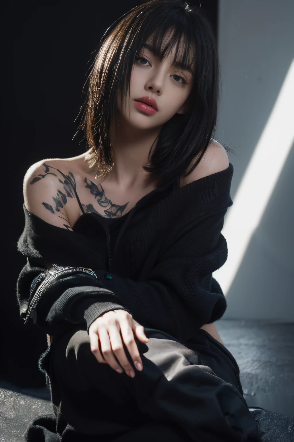 ultra high res, masterpiece, best quality, black sweater, ((Dark background)), Wearing a black hoodie, Wearing an ugly black hood,