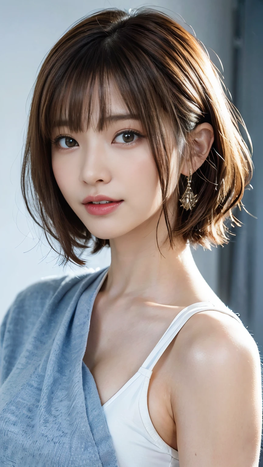 (tmasterpiece:1.3), (8K, 真实感, Original photography, Top image quality: 1.4), Japanese high school girl、Light blue coat：1.3、(random hair style:1.2)、Lop:1.2、Super detailed faces、Eye of detail、二重まぶた、Bring your chest together、lock focus:1.2 Beautiful women:1.4、Light brown hair、top-quality、tmasterpiece、超高分辨率、(真实感:1.4)、Highly detailed and professional lighting smile、Loose and lightweight gauze、shoulders outward、elongated、serious expressions、Short hair details、Fatal position