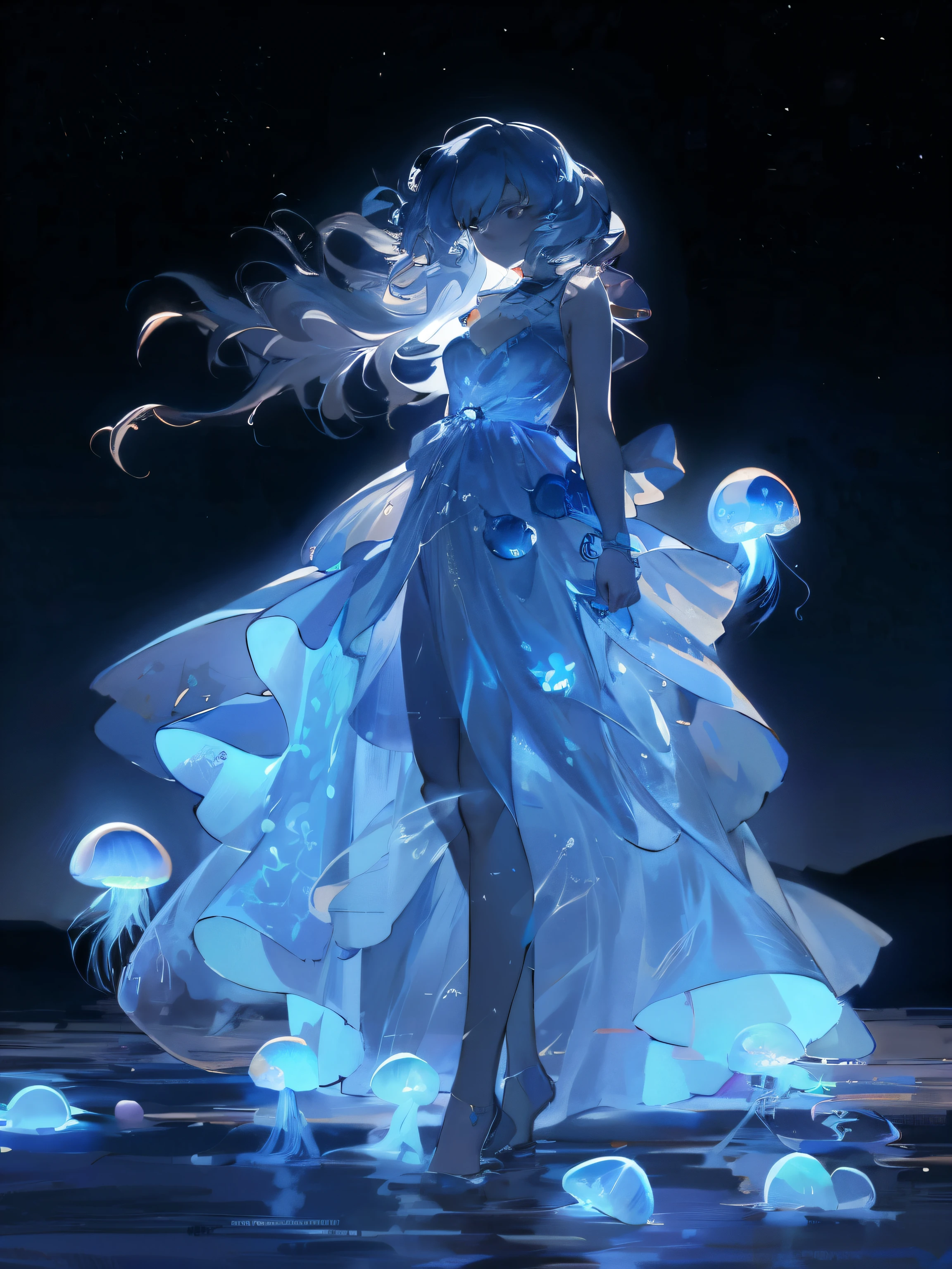 wearing blue dress、Anime girl with jelly floating around, jellyfish priestess, wallpaper anime blue water, Glowing blue, glowing water element, ethereal anime, Jellyfish Miko, magic dress, ethereal essence, Anime art wallpaper 8 K, A flowing dress, beautiful anime art, fantasy art style, Beautiful fantasy anime, Anime girl walking on water