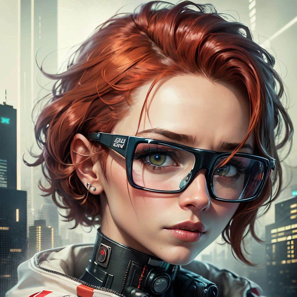 Front view, Looking at camera, Foto RAW,((jaqueta preta estilo cyberpunk:1.2)), ((retrato)), Android robot man with short red hair, 30 years old with large glasses with modern aviator style design, olhos castanhos escuro, olhos perfeitos, ((fundo branco:1.2)), studio lighting, alta qualidade, filmic grain, Fujifilm XT3, Centralizado --auto --s2