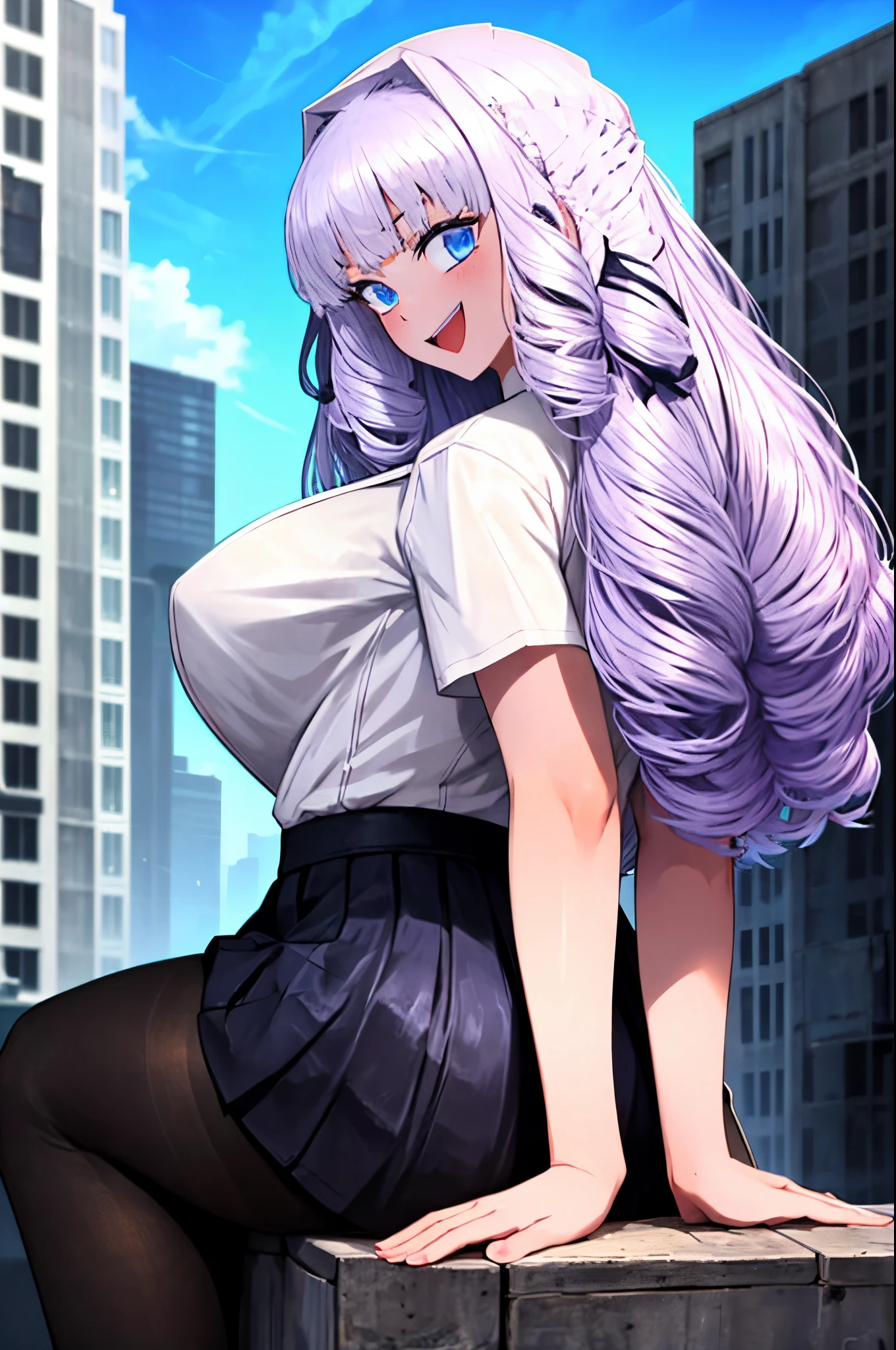limbus, 1girl, solo, Fujido Oriko, black pantyhose, blue eyes blue skirt, blunt bangs, breasts, cowboy shot, drill hair, fang, large breasts, long hair, looking at viewer, looking back, open mouth, pantyhose, pleated skirt, purple hair, shirt, short sleeves, skirt, smile, sitting, white hair, white shirt, giantess, sitting on a building, building like a chair