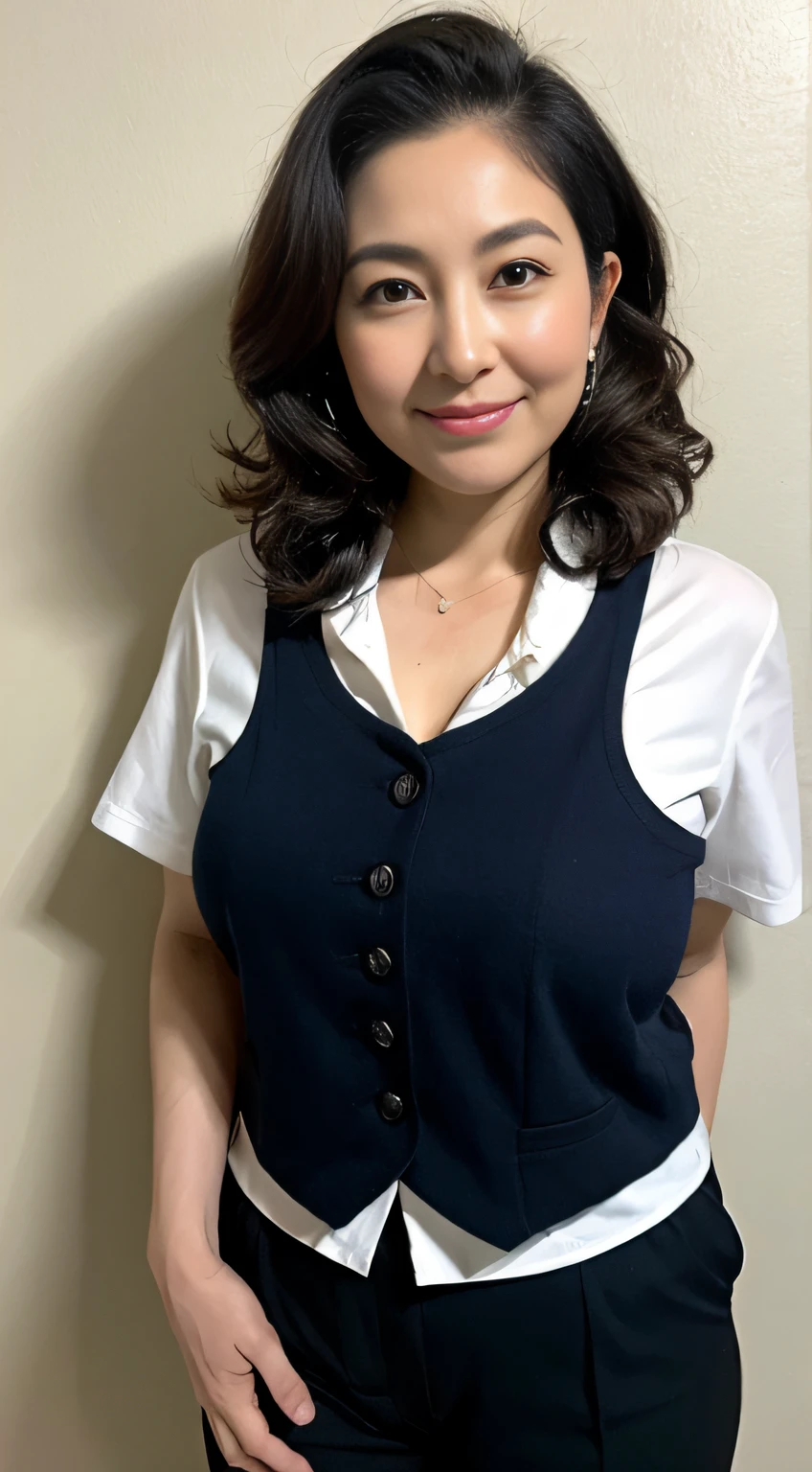 ((Best quality, 8K, Masterpiece, Portrait: 1.3)), (View viewers), Photorealism, Sharp focus, Solo, The Moro Islamic Liberation Front of Japan, Beauty,Wavy hair, Wrinkles at the corners of the eyes, to emphasize, ((Big breasts:1.3))),,30 years old, curlies, (Office worker room background、blazer jacket,Wear yours with a white shirt and black pants、standing on your feet:1.3)