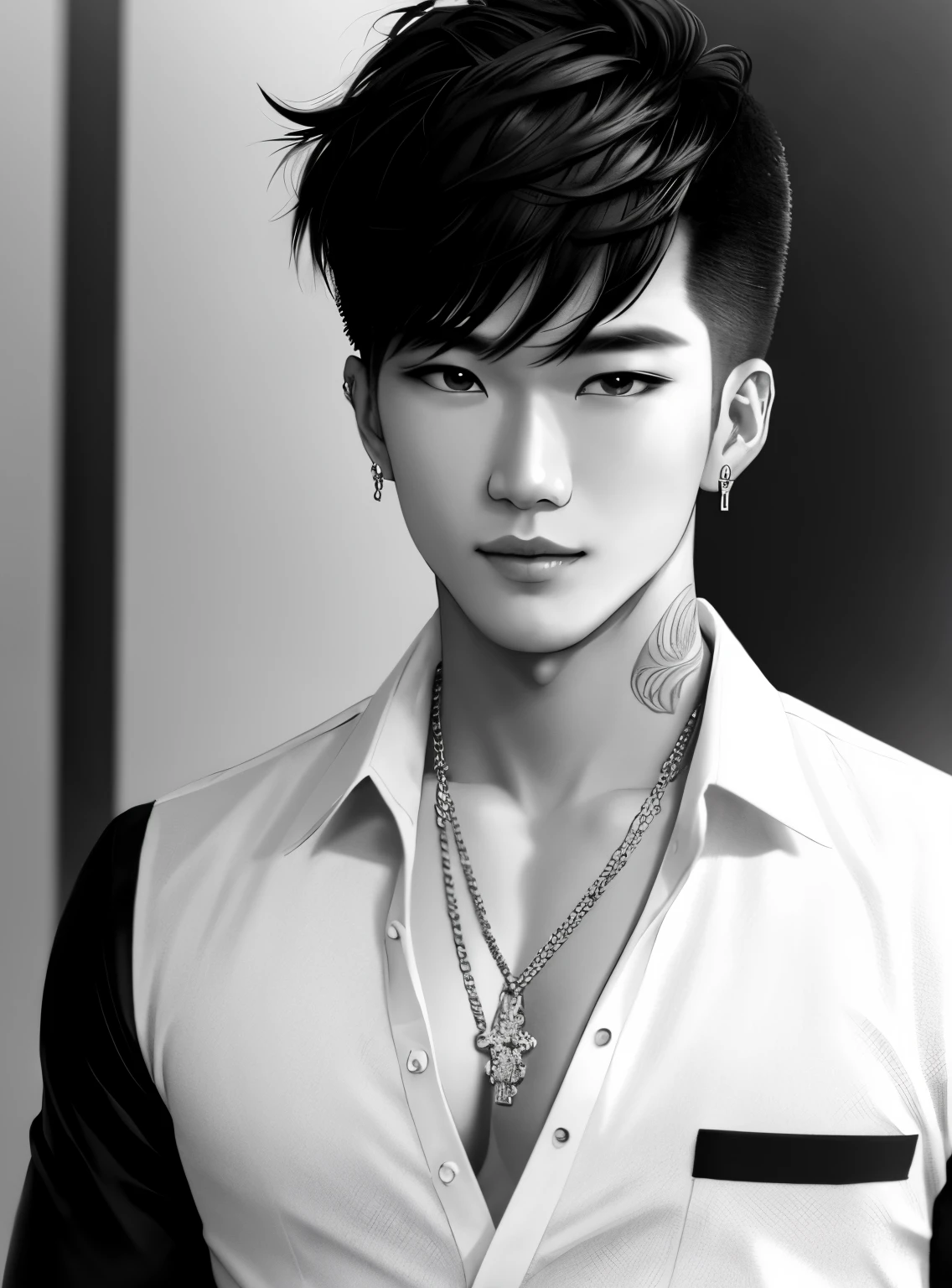 man, handsome, Korean bad boy, ultra-detail,hyper detail,cinematic light, bara,stand,White Studio,black and white filter,closeup,Front,Looking at the audience from the front,Manhwa style,Unbutton your shirt.,chest tattoo,black hairr,messy bangs,emo haircut,Model,Pose,piercing,earring,cross necklace,grin.