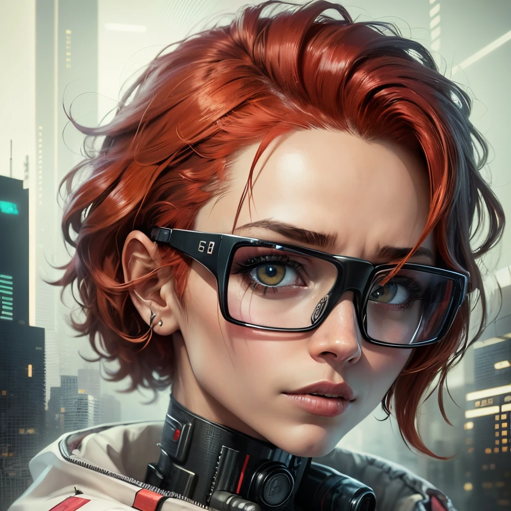 Front view, Looking at camera, Foto RAW,((jaqueta preta estilo cyberpunk:1.2)), ((retrato)), Android robot man with short red hair, 30 years old with large glasses with modern aviator style design, olhos castanhos escuro, olhos perfeitos, ((fundo branco:1.2)), studio lighting, alta qualidade, filmic grain, Fujifilm XT3, Centralizado --auto --s2