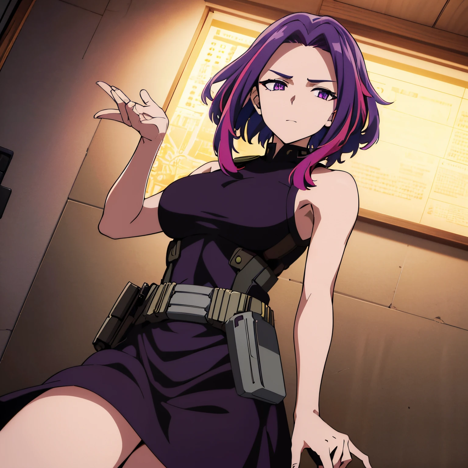 scan, (extremely detailed CG unity 8k wallpaper:1.1), highres, (1girl), (alone),lady nagant, boku no hero academia, , (purple hair), (multicolored hair), (purple eyes), black dress, sleeveless, breasts, belt