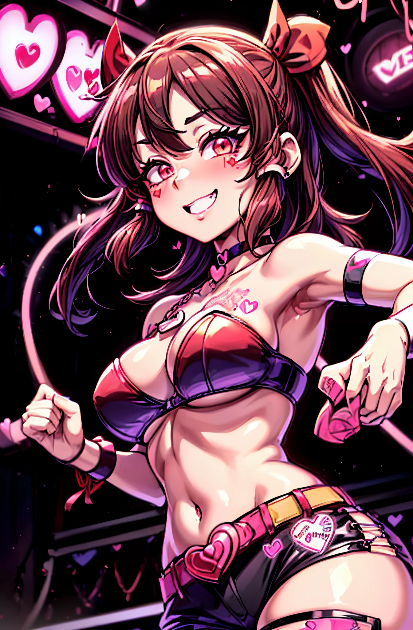 Reimu Hakurei at a rave, looking at the viewer with an seductive smile while dancing, confident, ((nightclub, Rave, neon_lights:1.5)),Brown hair, brown eyes, ((bangs, red ribbon:1.3)), e-girl outfit:1.7, (((Eyeliner, Heart-Shaped Stamp, Choker, Belt Chain:1.3))), teenager, anime art, cel shading