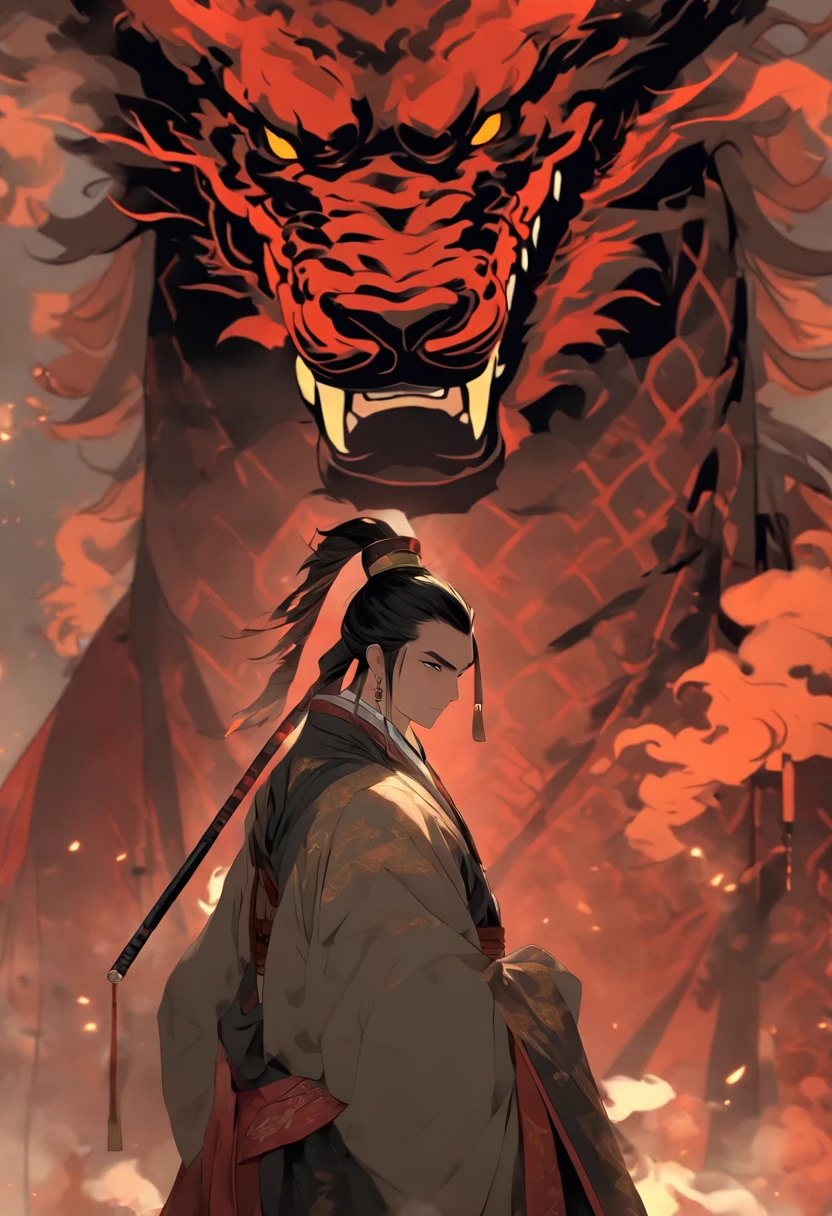 (tmasterpiece), (Best quality), Cinematic quality,Rendered by Octane,Ultra-detailed details,1 boy,Face of a young man,Facial detail portrayal,Perfect facial features,(The air is filled with black smoke:1.5),dark red clouds,Dark theme,staredown, watch audience, (Ancient Chinese Hanfu:1.2), (Holding a long sword:1.2), (Behind him,Huge dark red dragon:1.6)