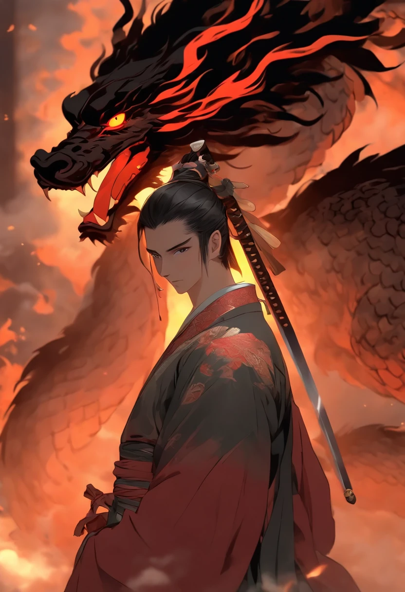 (tmasterpiece), (Best quality), Cinematic quality,Rendered by Octane,Ultra-detailed details,1 boy,Face of a young man,Facial detail portrayal,Perfect facial features,(The air is filled with black smoke:1.5),dark red clouds,Dark theme,staredown, watch audience, (Ancient Chinese Hanfu:1.2), (Holding a long sword:1.2), (Behind him,Huge dark red dragon:1.6)