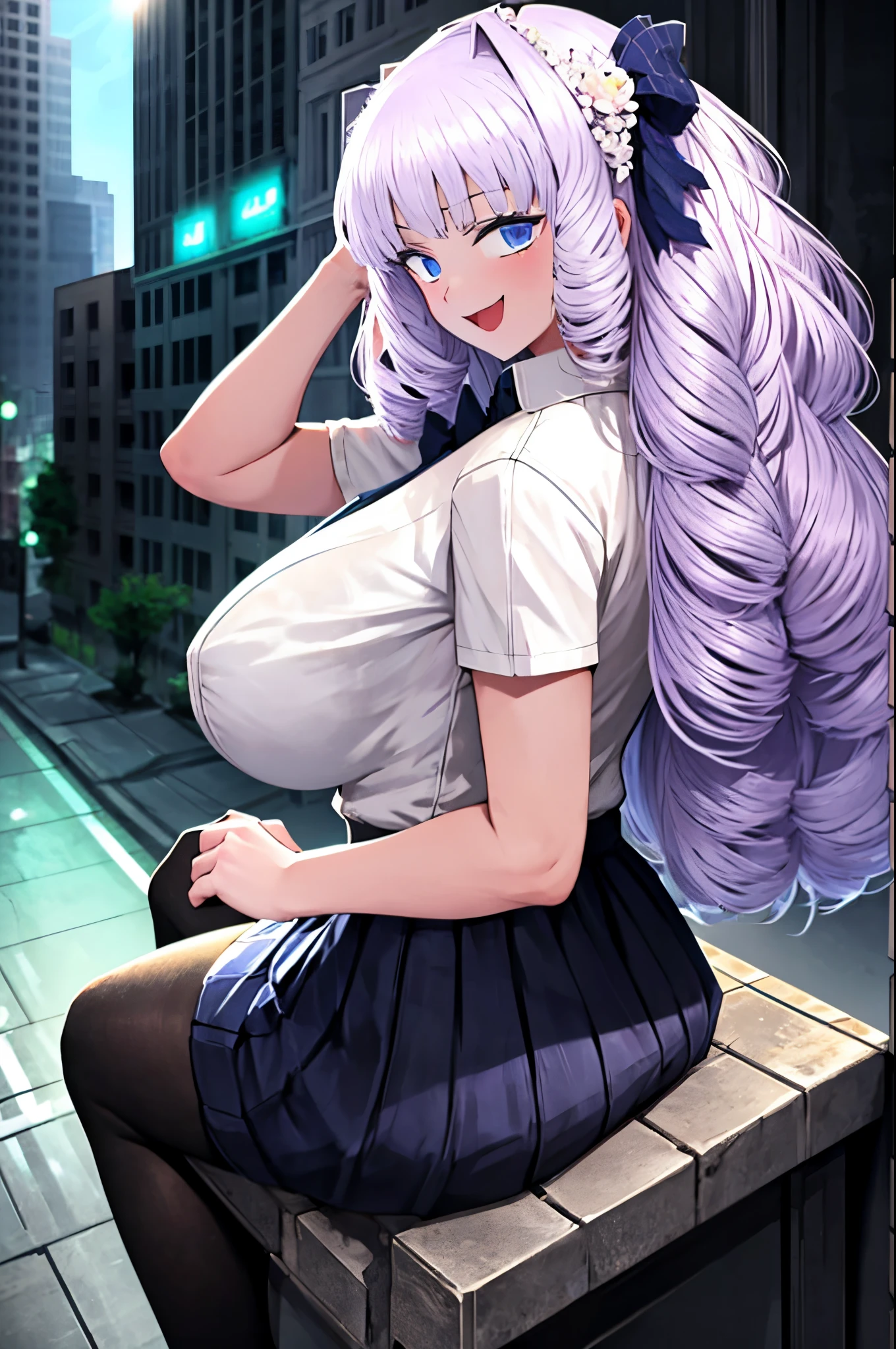limbus, 1girl, solo, Fujido Oriko, black pantyhose, blue eyes blue skirt, blunt bangs, breasts, cowboy shot, drill hair, fang, large breasts, long hair, looking at viewer, looking back, open mouth, pantyhose, pleated skirt, purple hair, shirt, short sleeves, skirt, smile, sitting, white hair, white shirt, giantess, sitting on a building, building like a chair