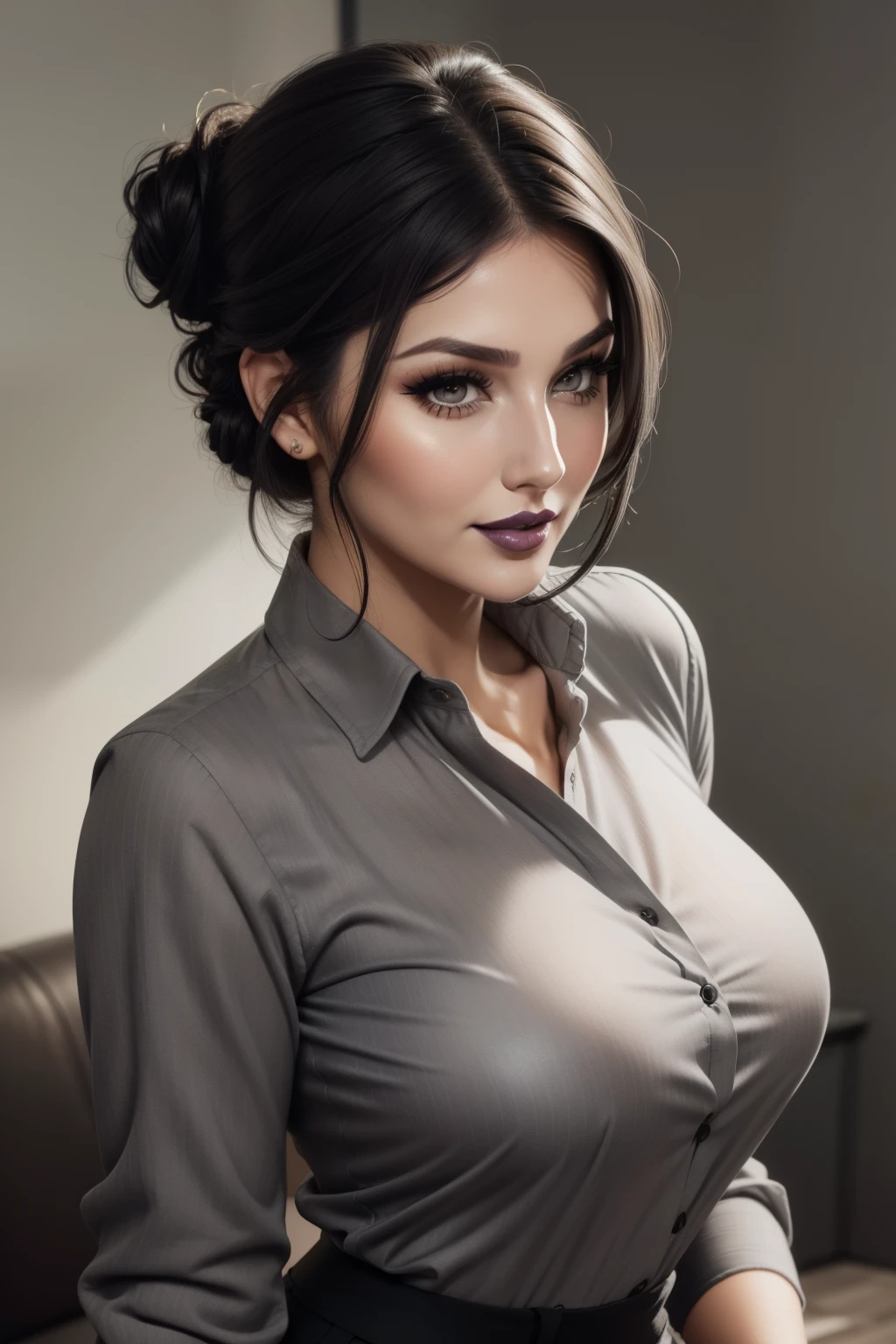 lucy pinder, face portrait, smiling, ((very intense makeup)), ((gray lipstick)), voluptuous woman, short hair, black hair, hair tied in a chignon, button-down blouse, gray blouse, gray formal pants
