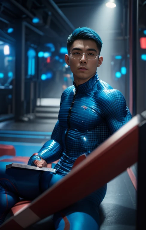 blue holographic dragon,masseter membrane、well built、Hero suit、onesie、rubbersuit、Laika、in spandex、low angles、Muscular、There are eyes、male people、Short hair details、Fade in and out、wastelands、Hot、NSFW、convex、fully body photo、Rugby player、The large、spread their legs、compression pants、large bulge、Protruding glans 、Raised bulge