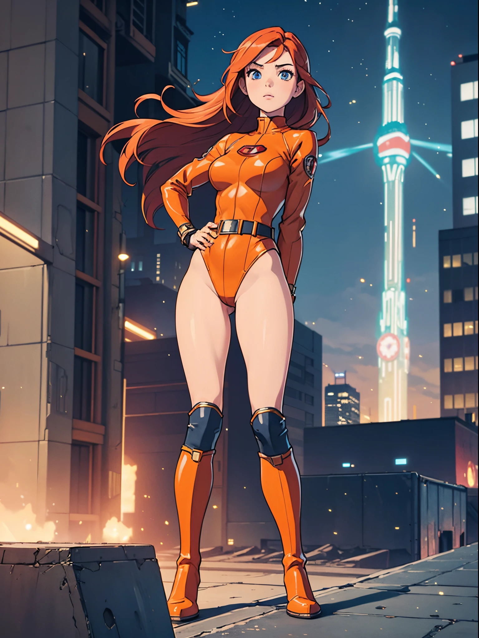 masterpiece, best quality, 1girl, superhero, leotard, bare legs, knee boots, matching boots, heroic, city backdrop, standing, body infused with energy, light particles, solo, single, cowboy shot, perfect anatomy, hand on hip, redhead, beautiful detailed eyes, belt