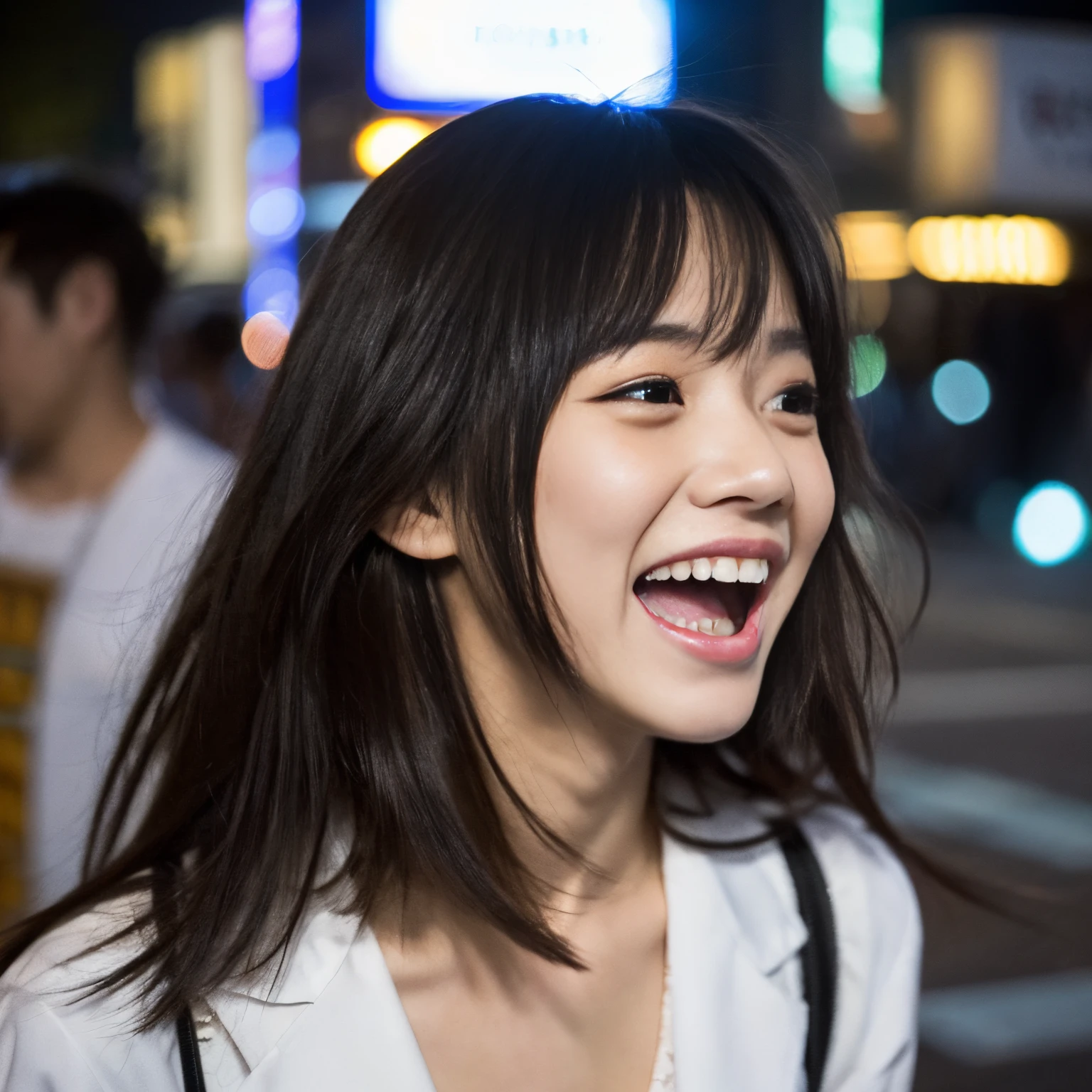 Best-quality, Masterpiece, Ultra-High-Resolution, (Photorealistic:1.4), Raw-Photo, Extremely-Details, Perfect-Anatomy, 

at midnight, on street in Shibuya, Tokyo, 

1girl, 20-years-old, the most famous Japanese actress, completely drunk, tripping on drugs, getting geeked up with drugs, going crazy from drugs, laughing out loud, looking at viewer, 

detailed drunk face, detailed blank eyes by drugs, detailed beautiful teeth, detailed drool around mouth