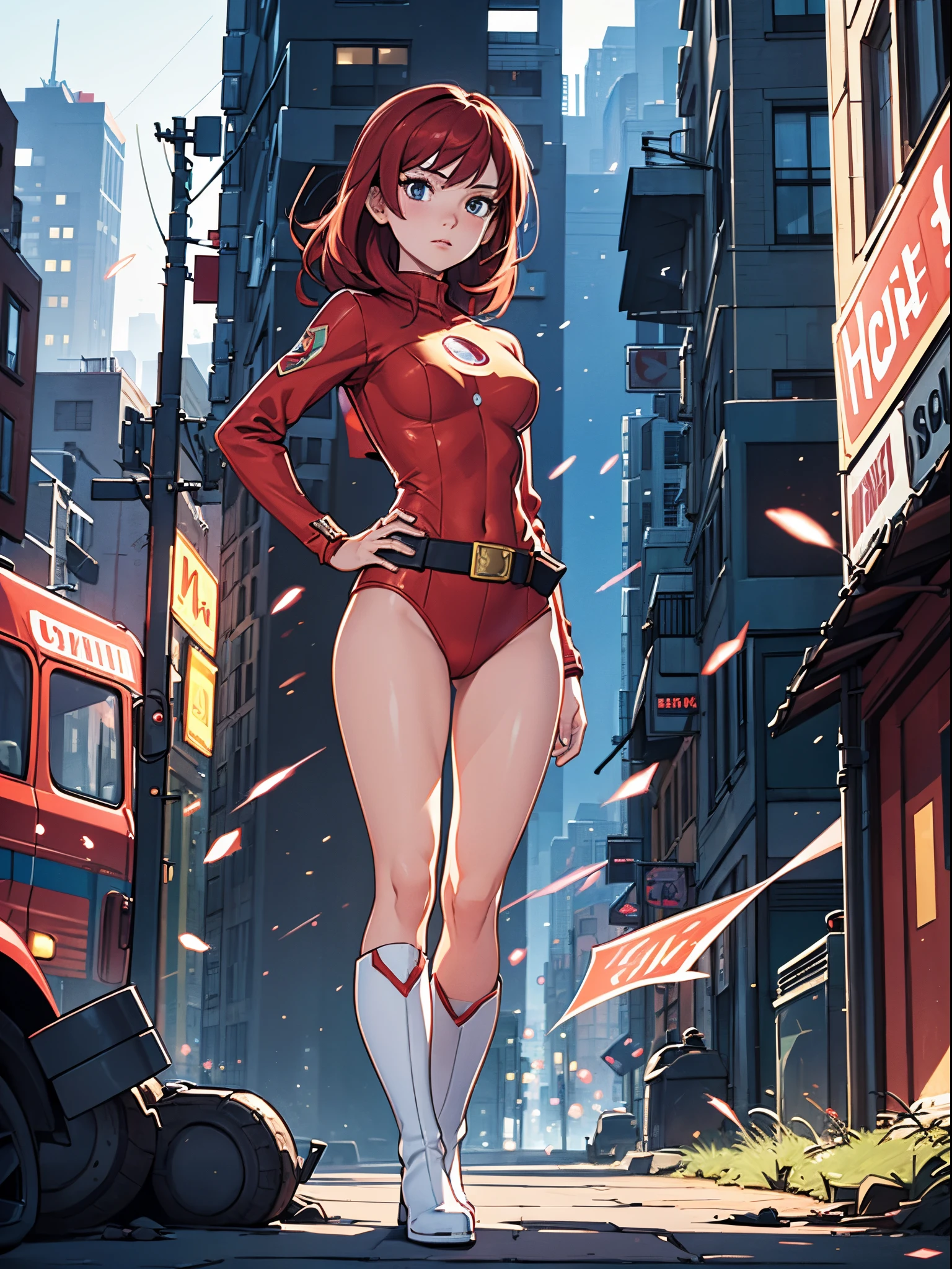 masterpiece, best quality, 1girl, superhero, leotard, bare legs, knee boots, matching boots, heroic, city backdrop, standing, body infused with energy, light particles, solo, single, cowboy shot, perfect anatomy, hand on hip, redhead, beautiful detailed eyes, belt