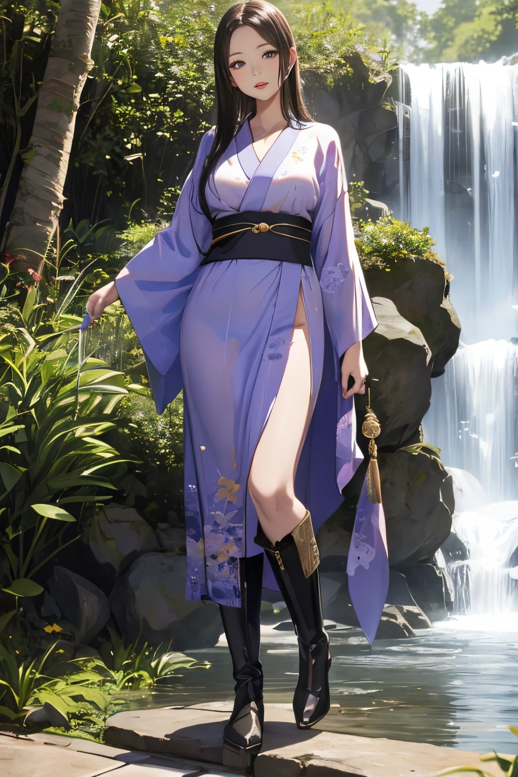 ((A beautiful woman standing in a waterfall basin)),((Next to a beautiful waterfall basin)), ((Sharp bewitching eyes))、((A sexy))、(((See-through kimono:1)))、((Kimono made of thin cloth wet with water)), pale skin、(((1 girl in:1))), ((pale skin))、Melancholy beautiful face、Beautiful expression、Sexy face、Nipple bumps, (((Lower breast)))、(((Beautiful breasts ))), Beautiful 、long boots、Super fine face、Delicat eyes、(Double eyelids)、 (((1 Japan Woman)))、 Beautie, 20yr old,