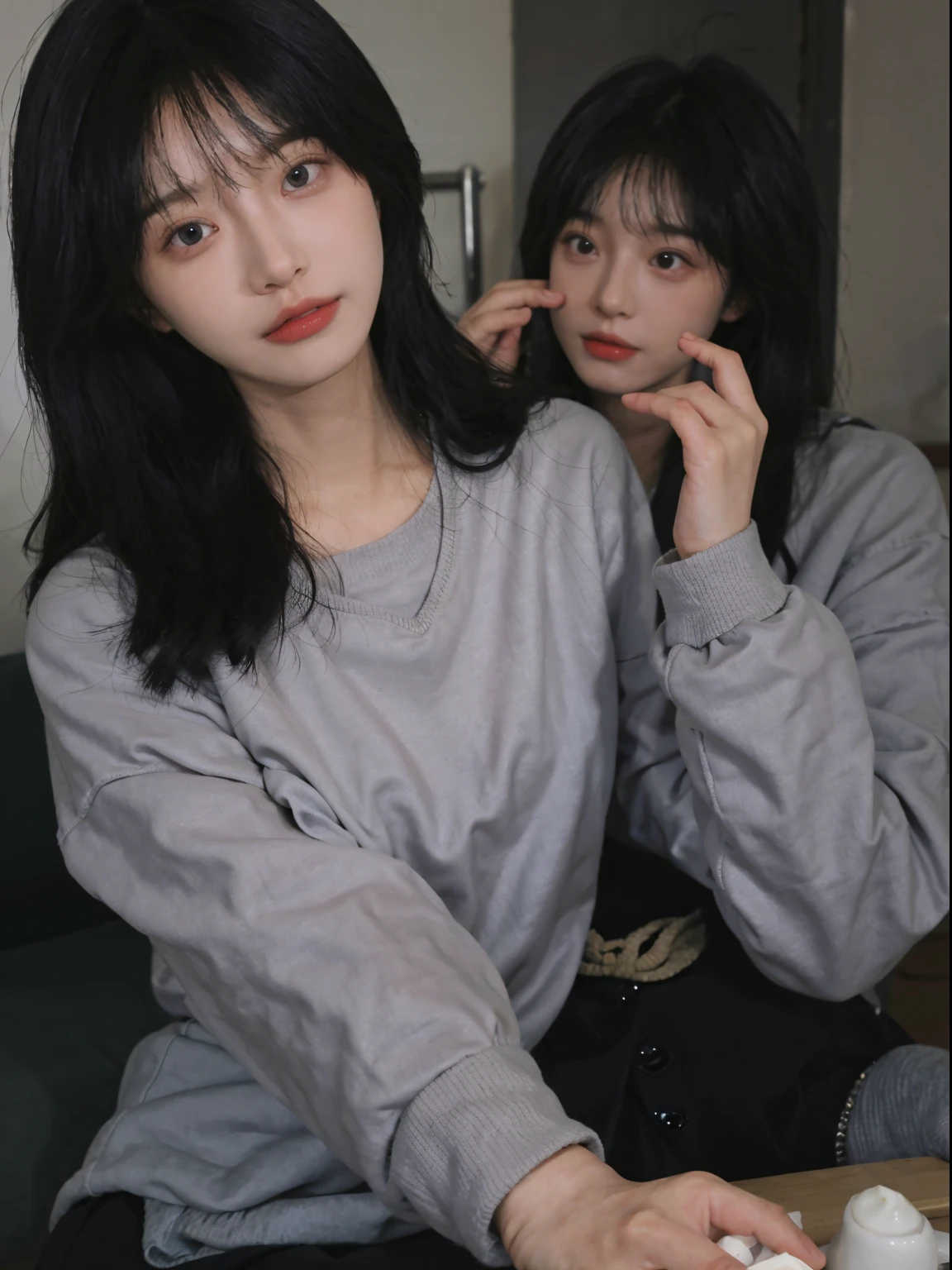 Best quality at best， 超高分辨率， （realistically：1.4）， A woman with long black hair and a gray sweater, The middle view is, JK school uniform，under a ray of sunshine，She has black hair，through bangs, young lovely Korean faces, Cute Korean face, Urzans, Shin Jinying, beautiful aesthetic face, Korean facial features, Played by Liu Li Zhien ，beautiful realistic face